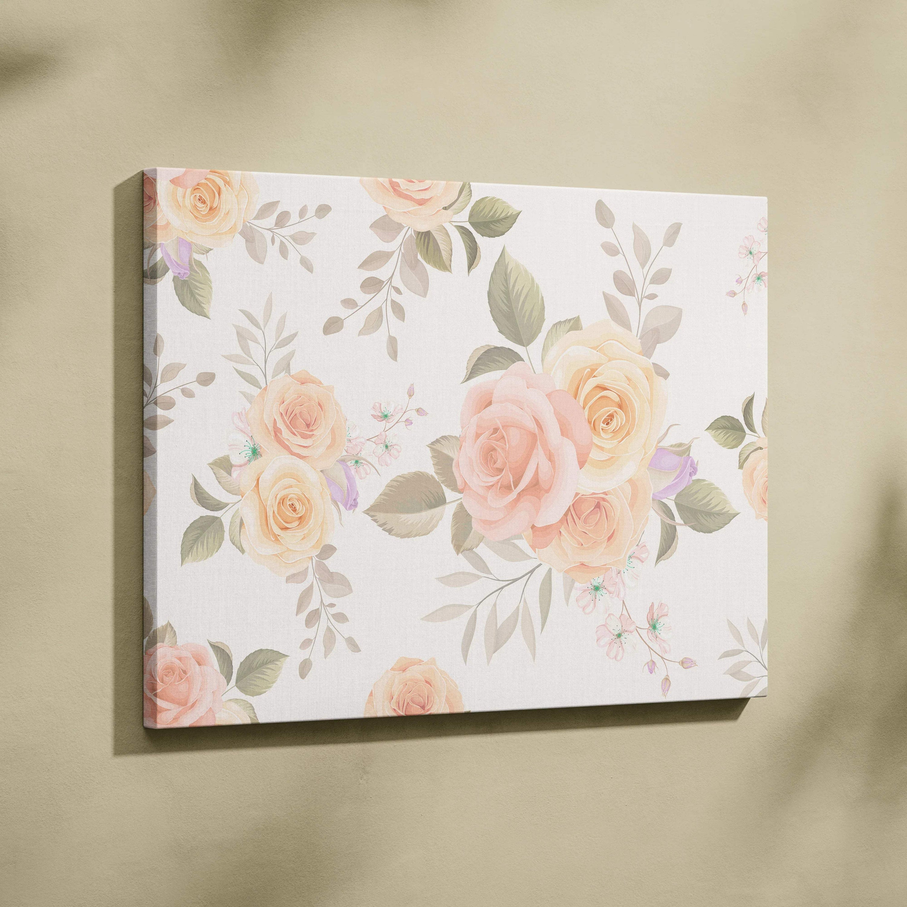 Seamless vintage rose pattern canvas wall art with blush peach blooms