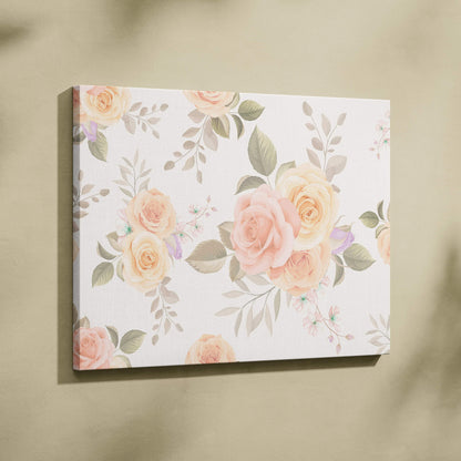Seamless vintage rose pattern canvas wall art with blush peach blooms