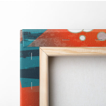 A vibrant flying crane ocean wave canvas wall art with bold orange teal and navy stripes in a light wood frame