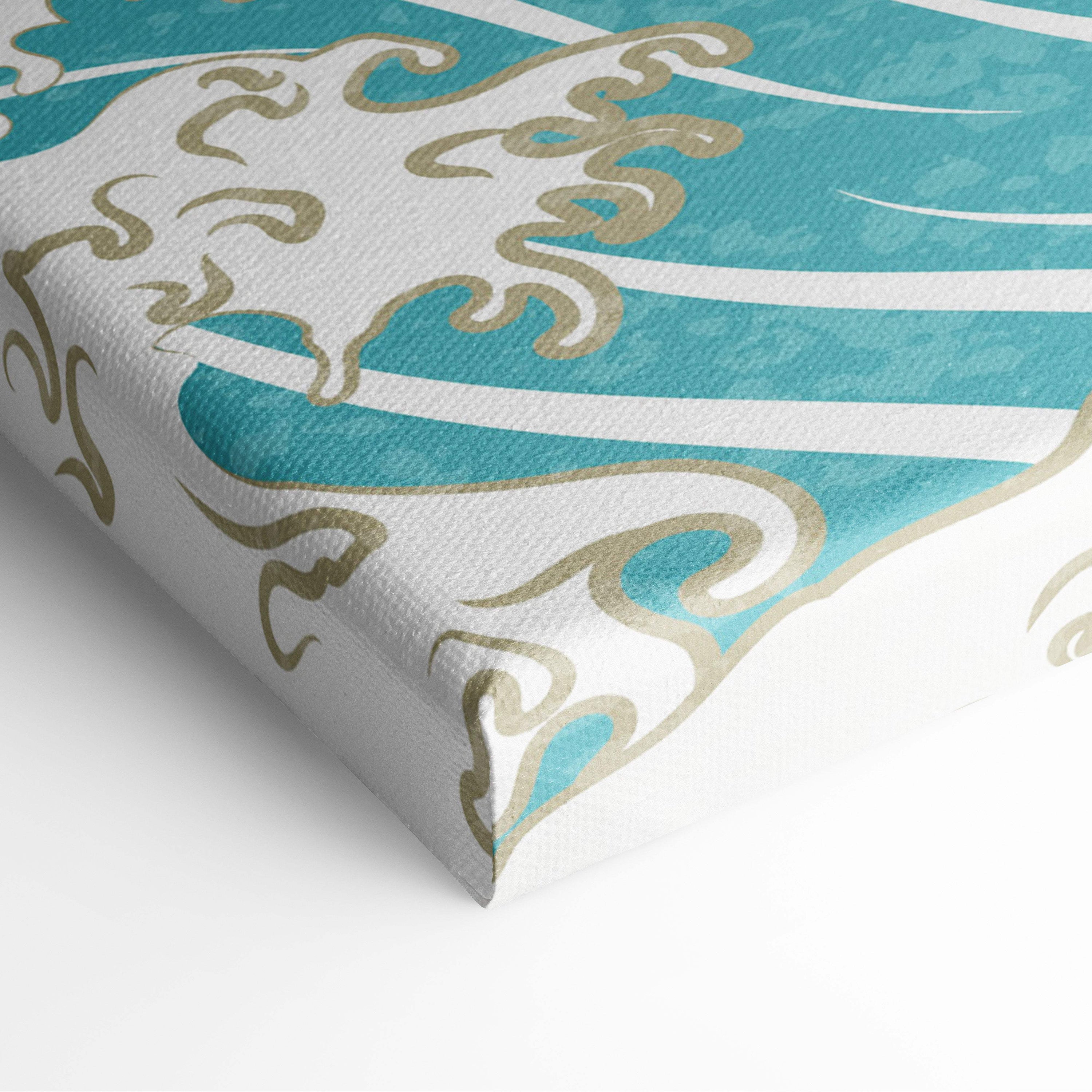 Teal and gold wave-patterned gallery-wrapped canvas print featuring a textured flying crane ocean wave design