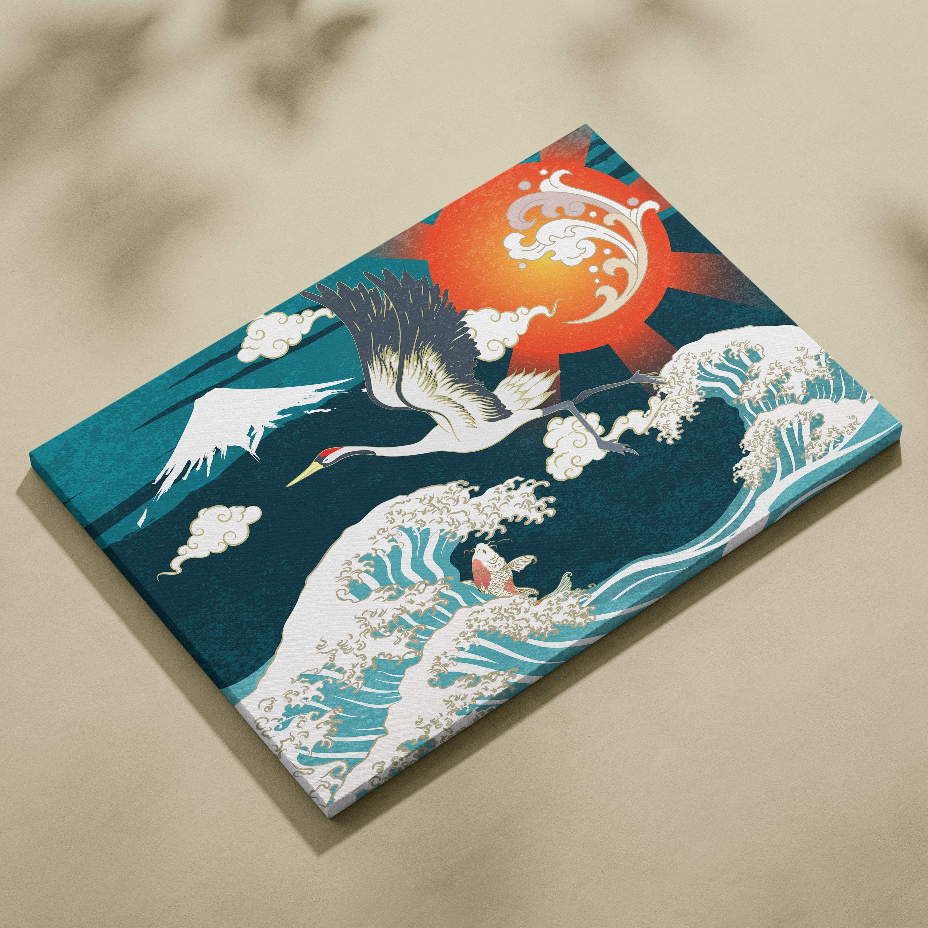 Teal and white canvas wall art featuring a stylized crane soaring above waves with an orange sun inspired by japanese art