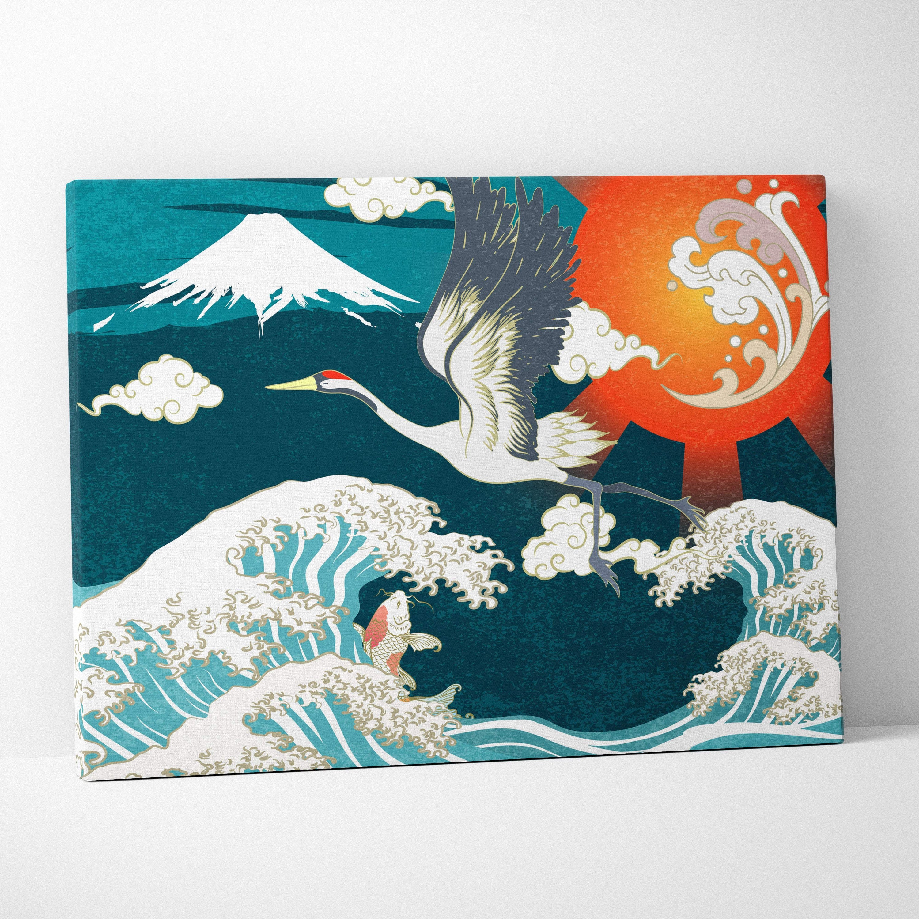 A vibrant canvas print of a stylized crane in flight with teal orange waves and mount fuji for living room decor