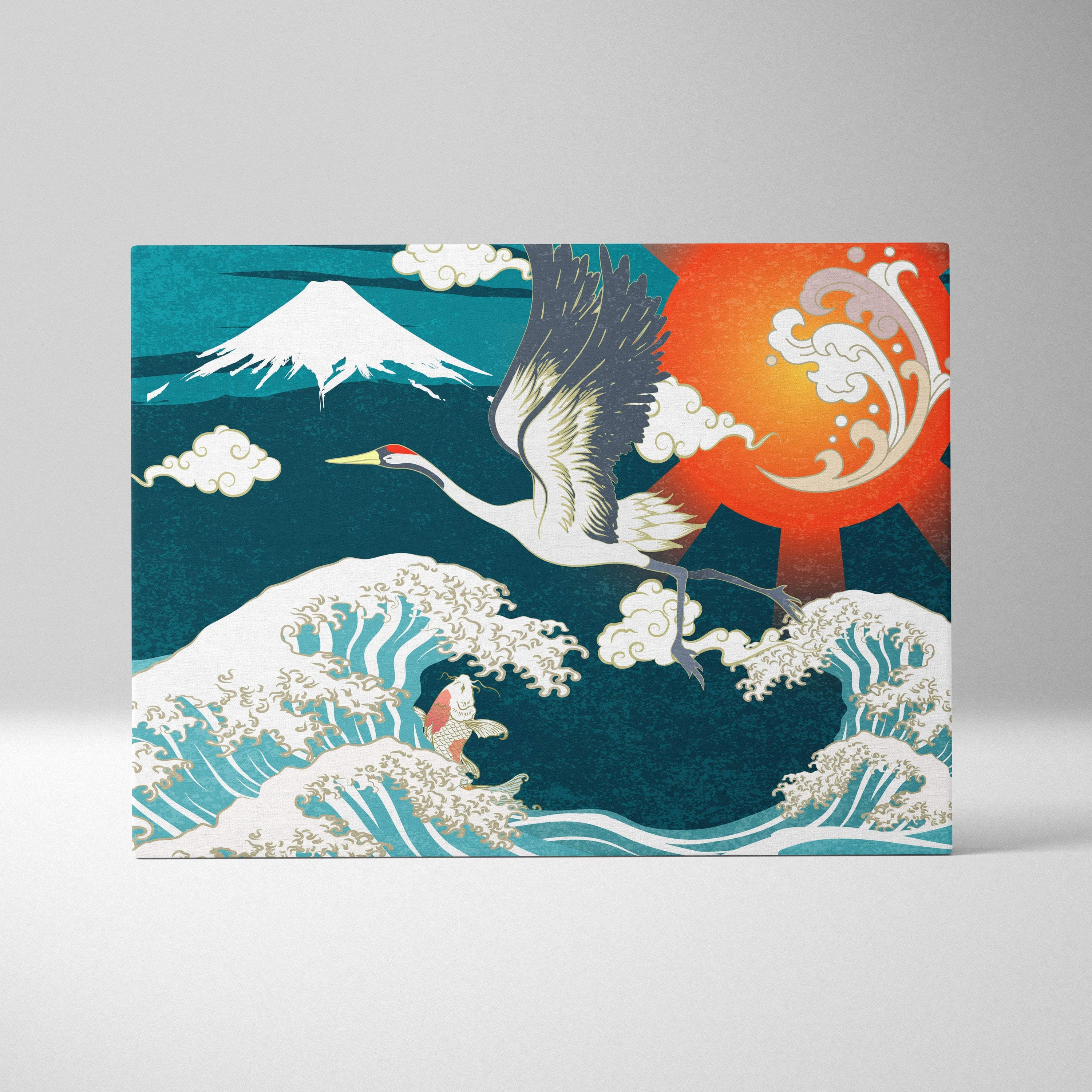 Rectangular canvas wall art featuring a white crane above turquoise waves mount fuji and orange sun in japanese style