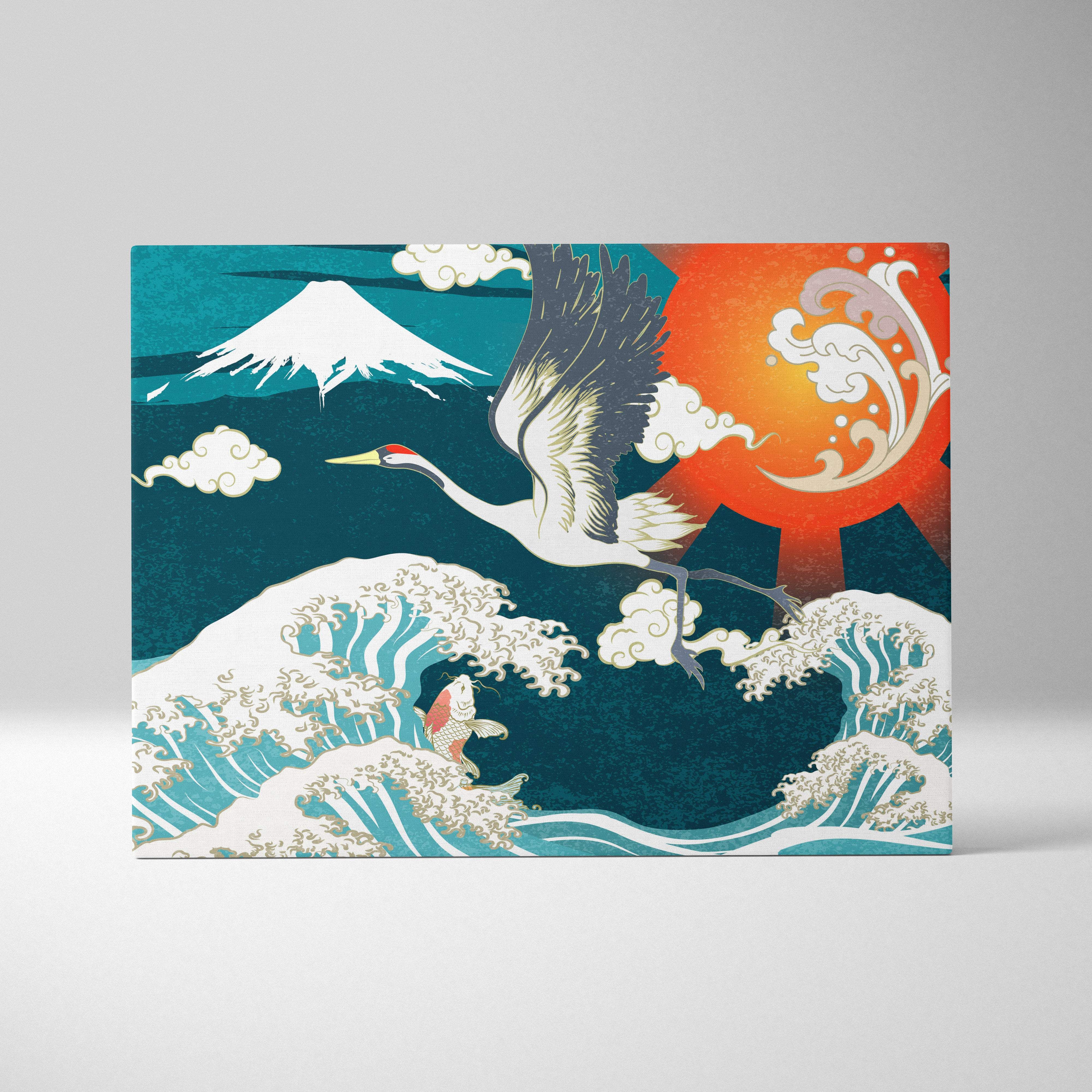 Rectangular canvas wall art featuring a white crane above turquoise waves mount fuji and orange sun in japanese style