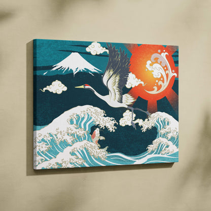 Vibrant canvas print of a white crane flying over turquoise waves with mount fuji and an orange sun in japanese style