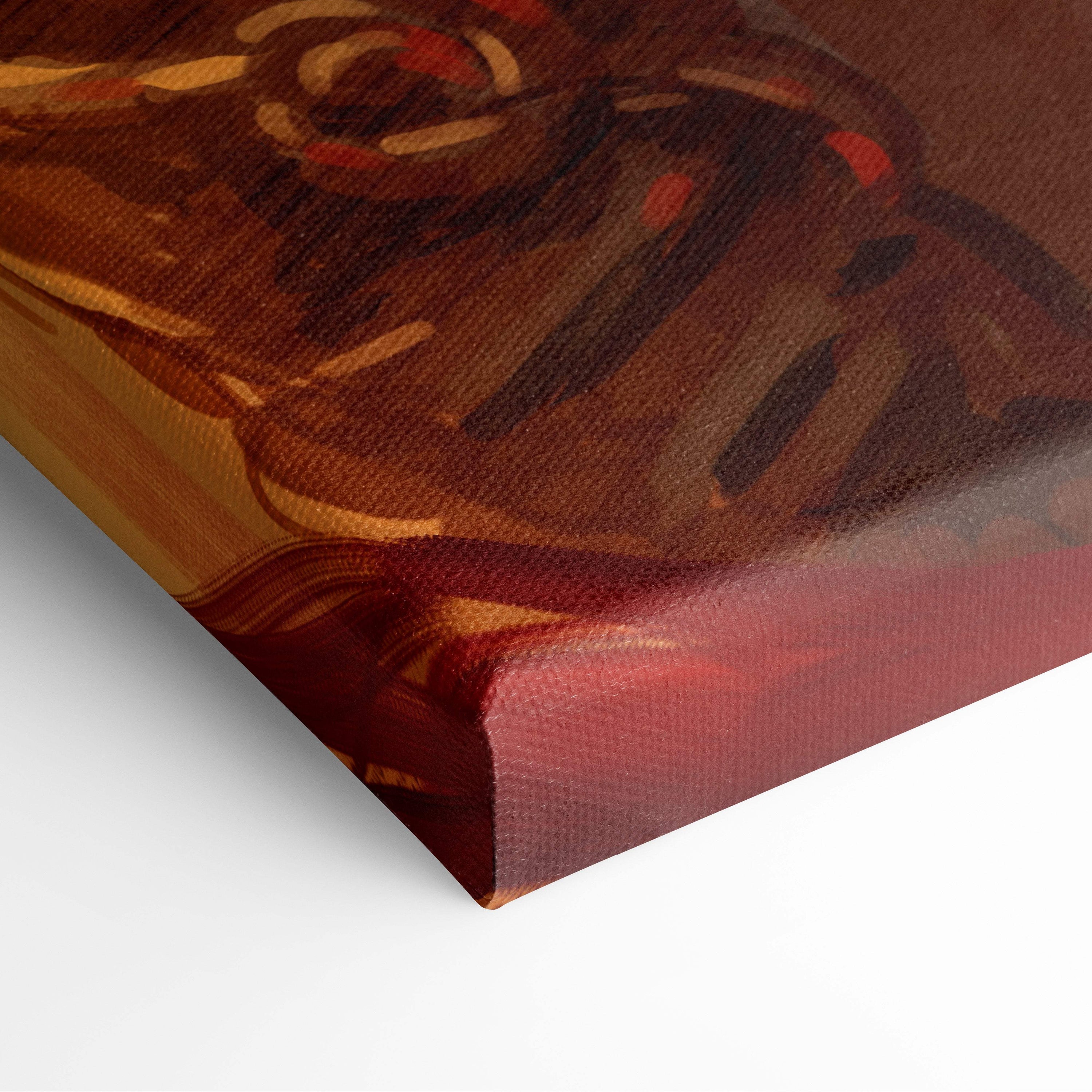A canvas print featuring an abstract floral design in rich brown amber and red hues titled golden valkyrie battle canvas art