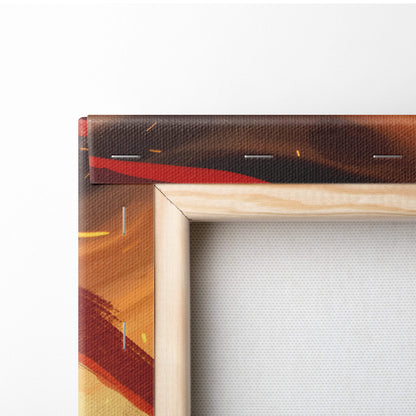 Light-colored wooden frame holding golden valkyrie battle canvas art with warm reds and flowing red ribbons wall decor