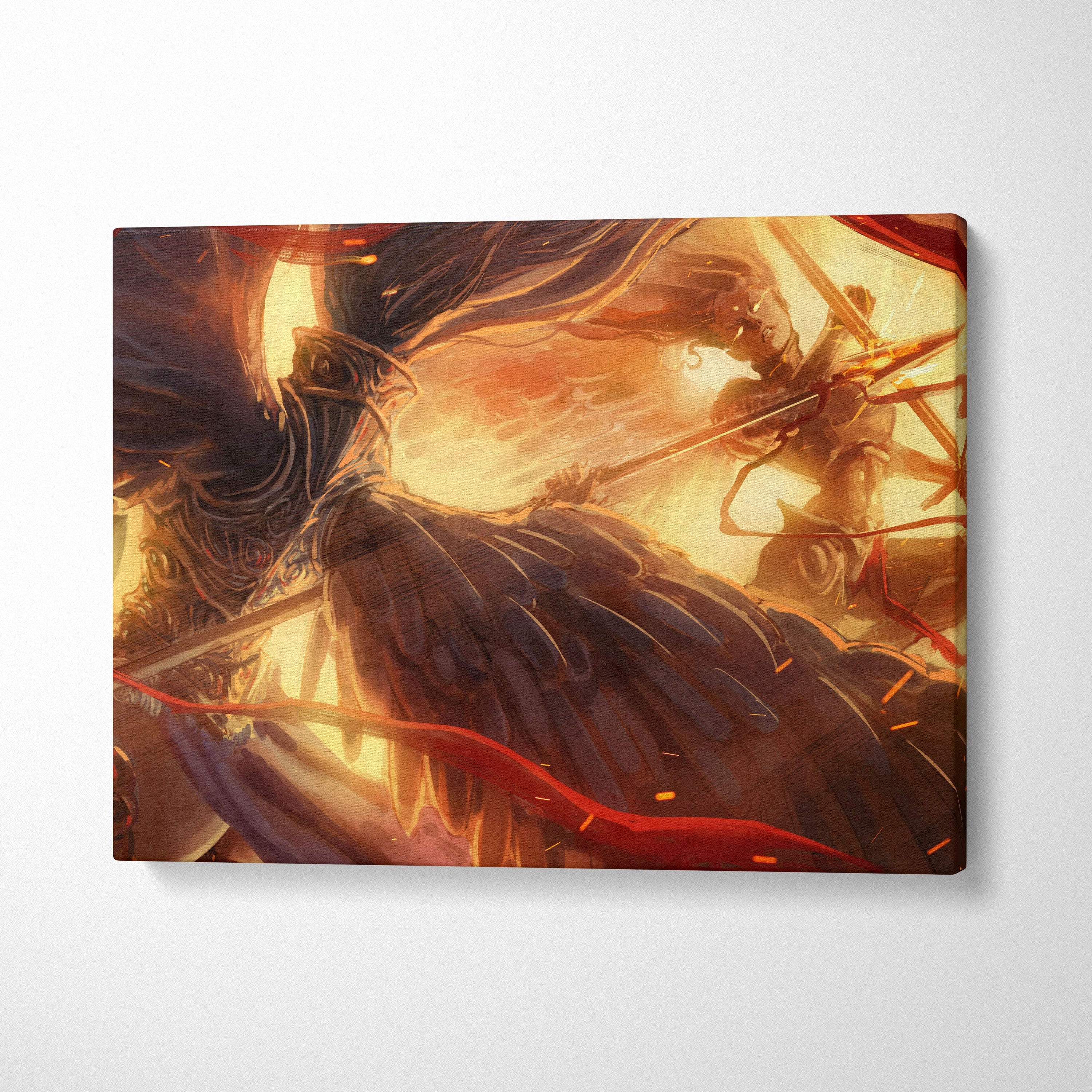 Rectangular canvas print of golden valkyrie battle with winged warrior fiery light and flowing red ribbons wall decor