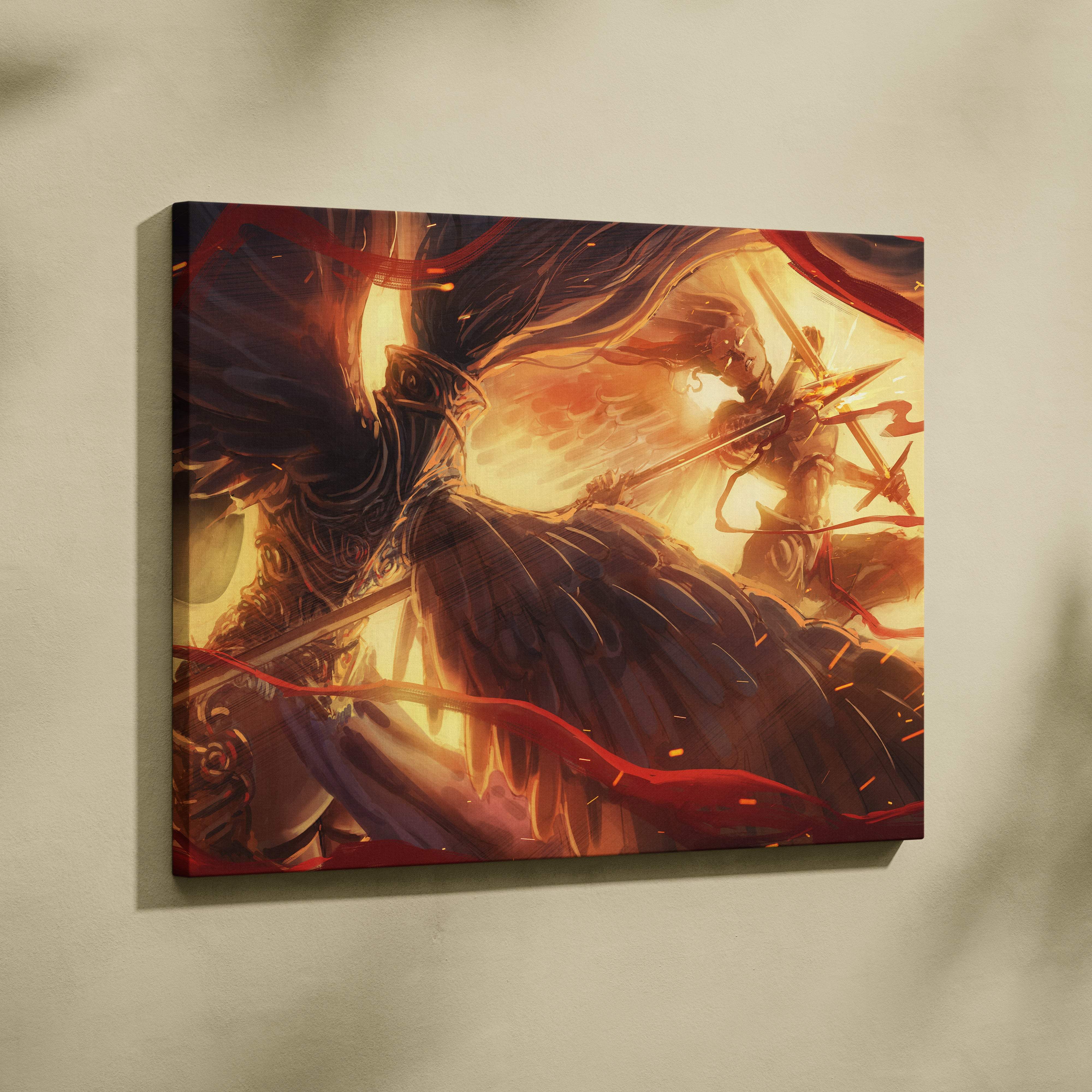 A vibrant framed canvas print of a golden valkyrie battle with fiery orange light and flowing red ribbons wall decor
