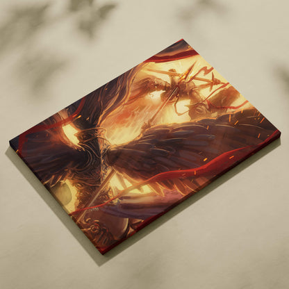 A rectangular canvas print of fiery orange and red armored winged warrior in dramatic fantasy battle scene