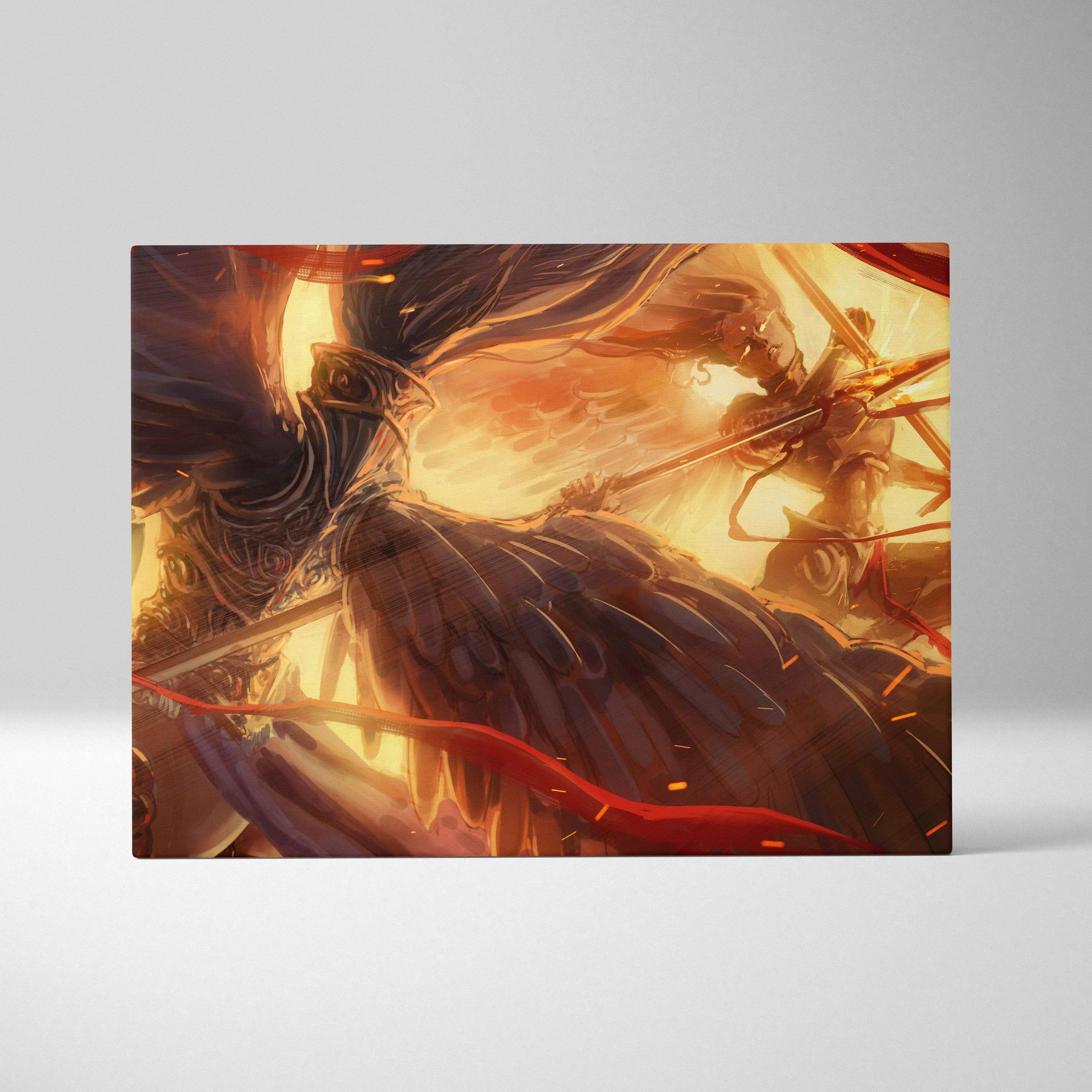 Golden valkyrie battle canvas art featuring a dramatic anime warrior with dark hair and fiery orange background