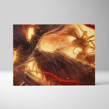 Golden valkyrie battle canvas art featuring a dramatic anime warrior with dark hair and fiery orange background