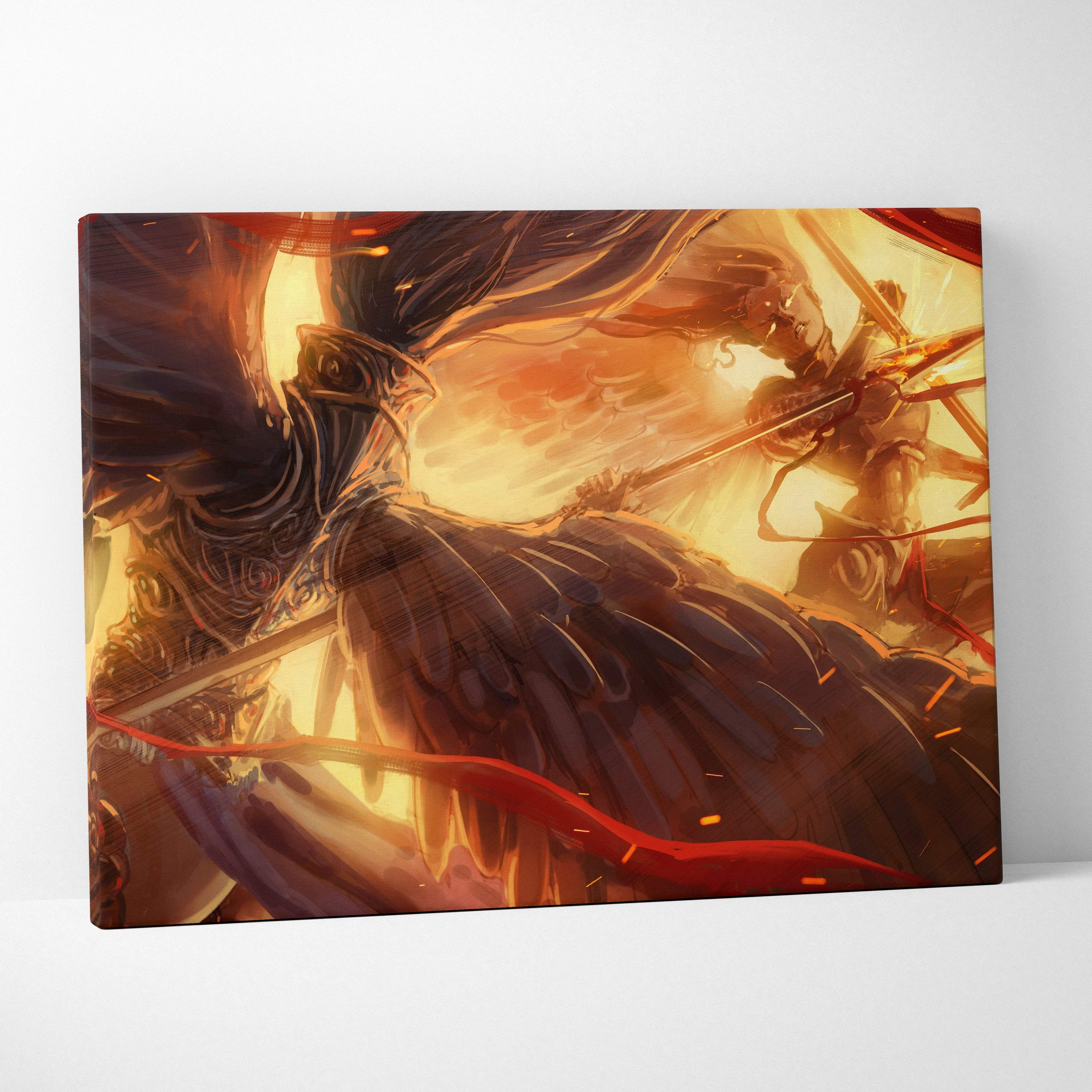 Golden Valkyrie battle canvas art of a winged warrior in dark armor dueling under a fiery orange and gold sky