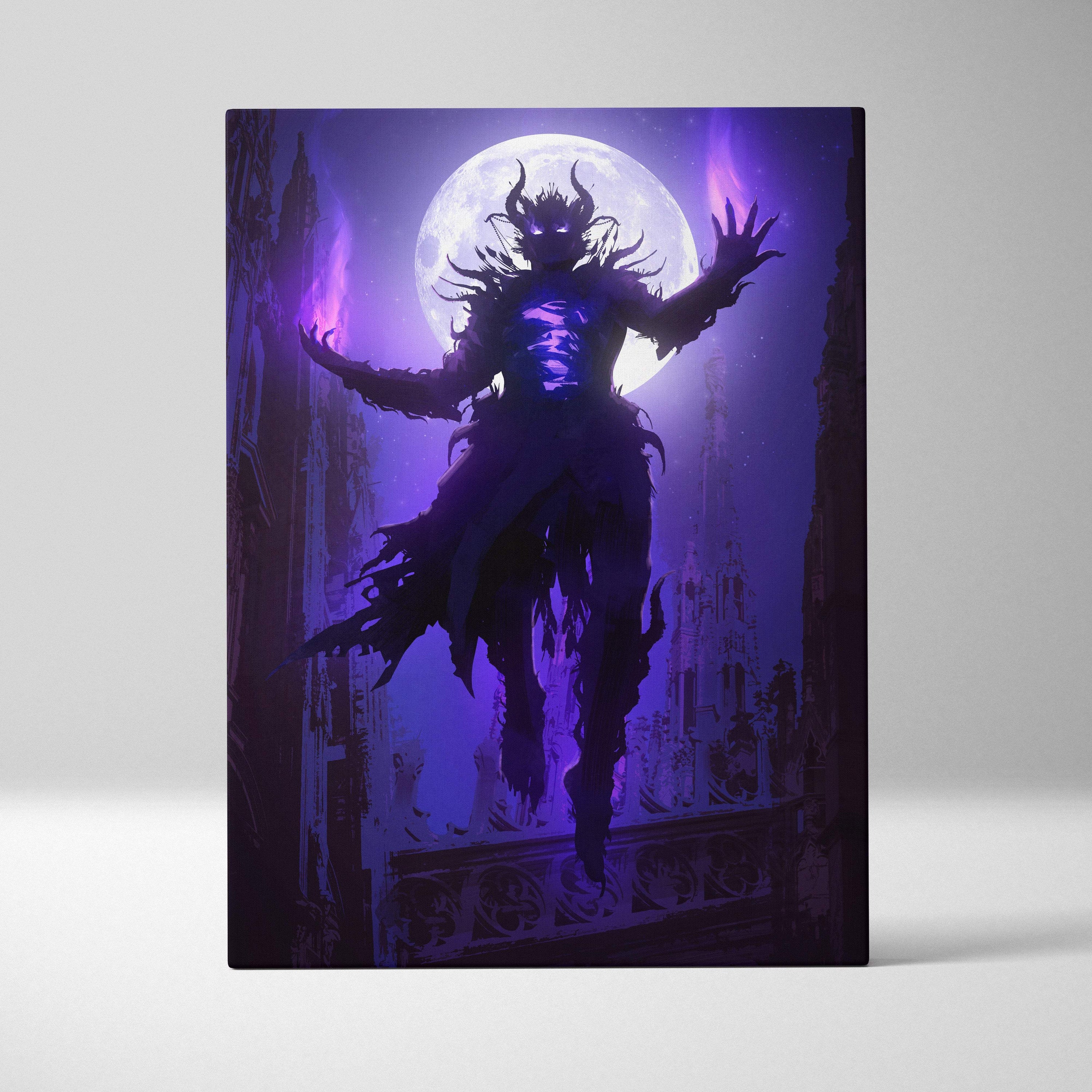 Dark fantasy demon sorcerer canvas wall art featuring a purple neon horned shadow figure under a glowing full moon