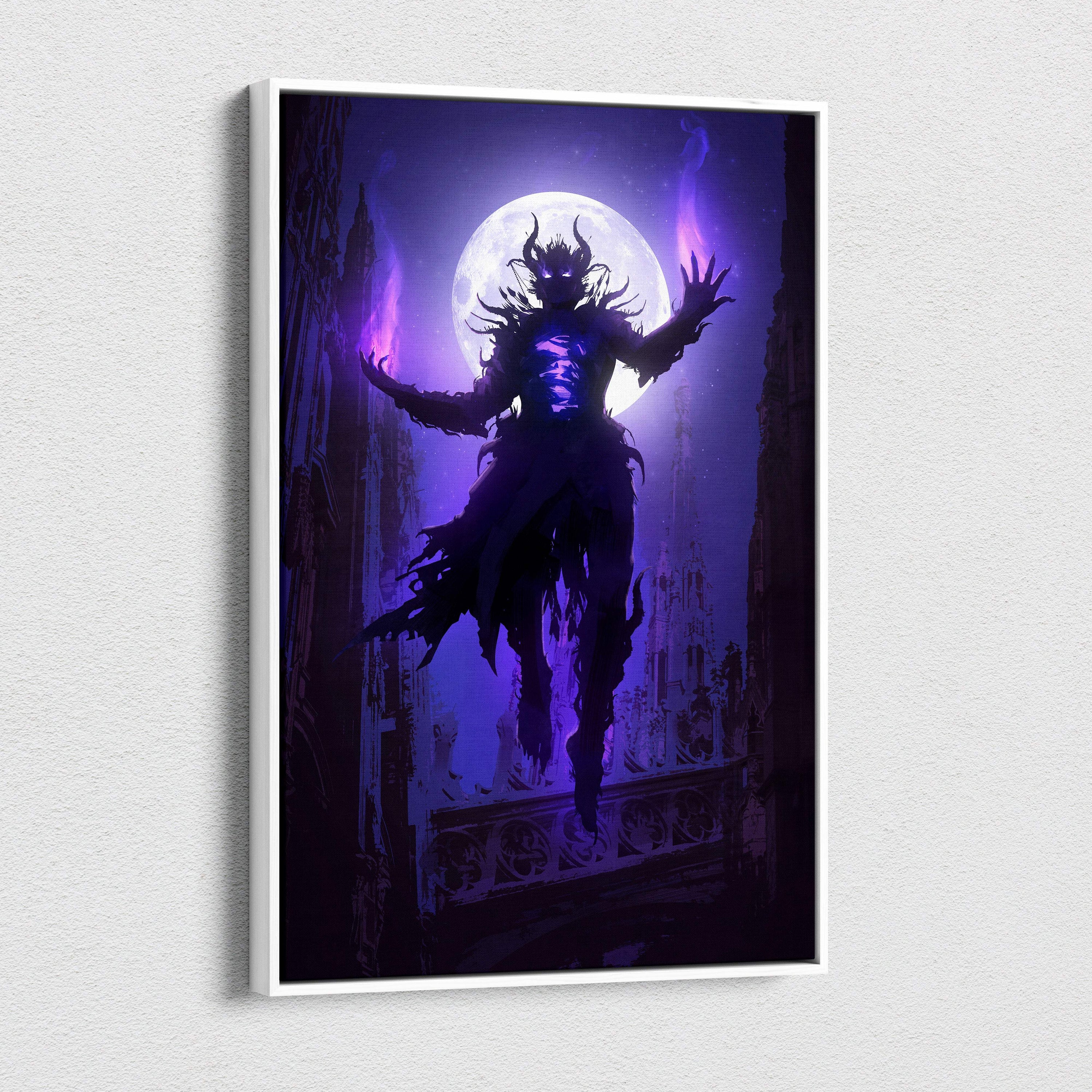 A framed canvas wall art of a dark horned demon silhouette against a glowing purple full moon mystical nightscape