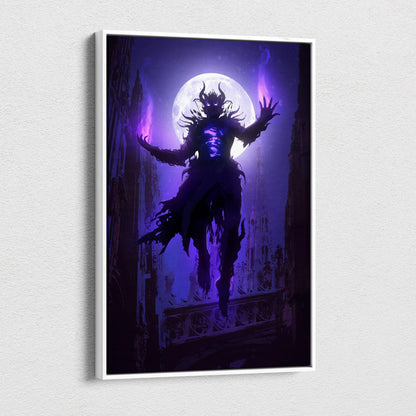 A framed canvas wall art of a dark horned demon silhouette against a glowing purple full moon mystical nightscape