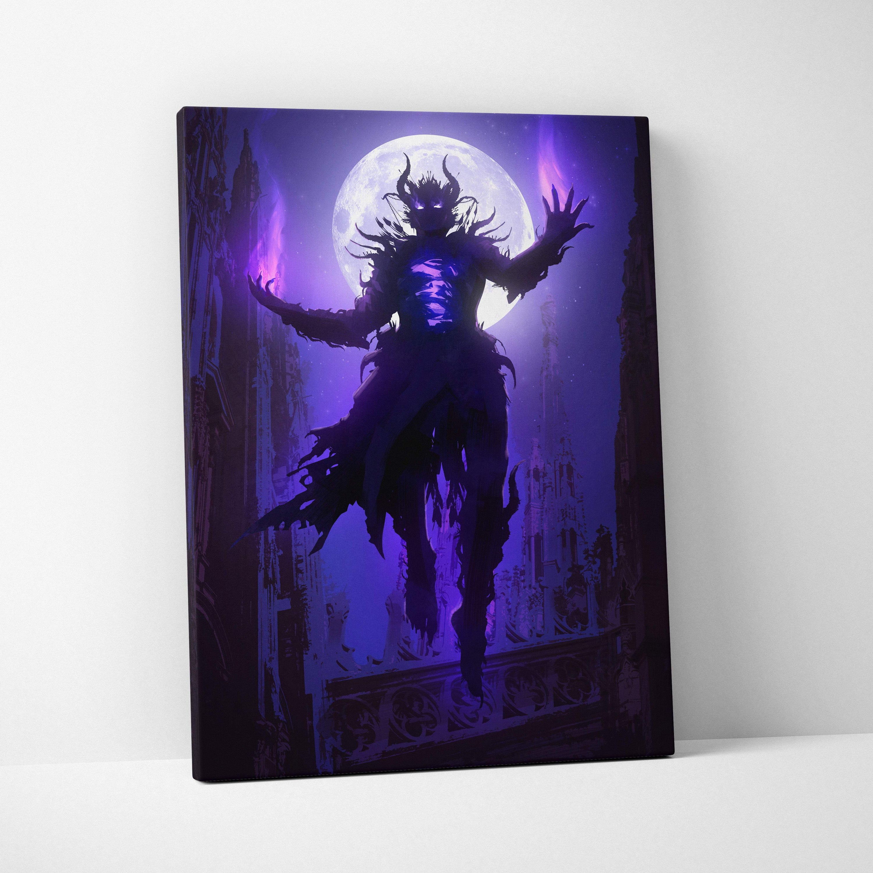 Dark fantasy demon sorcerer canvas wall art featuring a purple and black neon gothic nightscape with a full moon backdrop