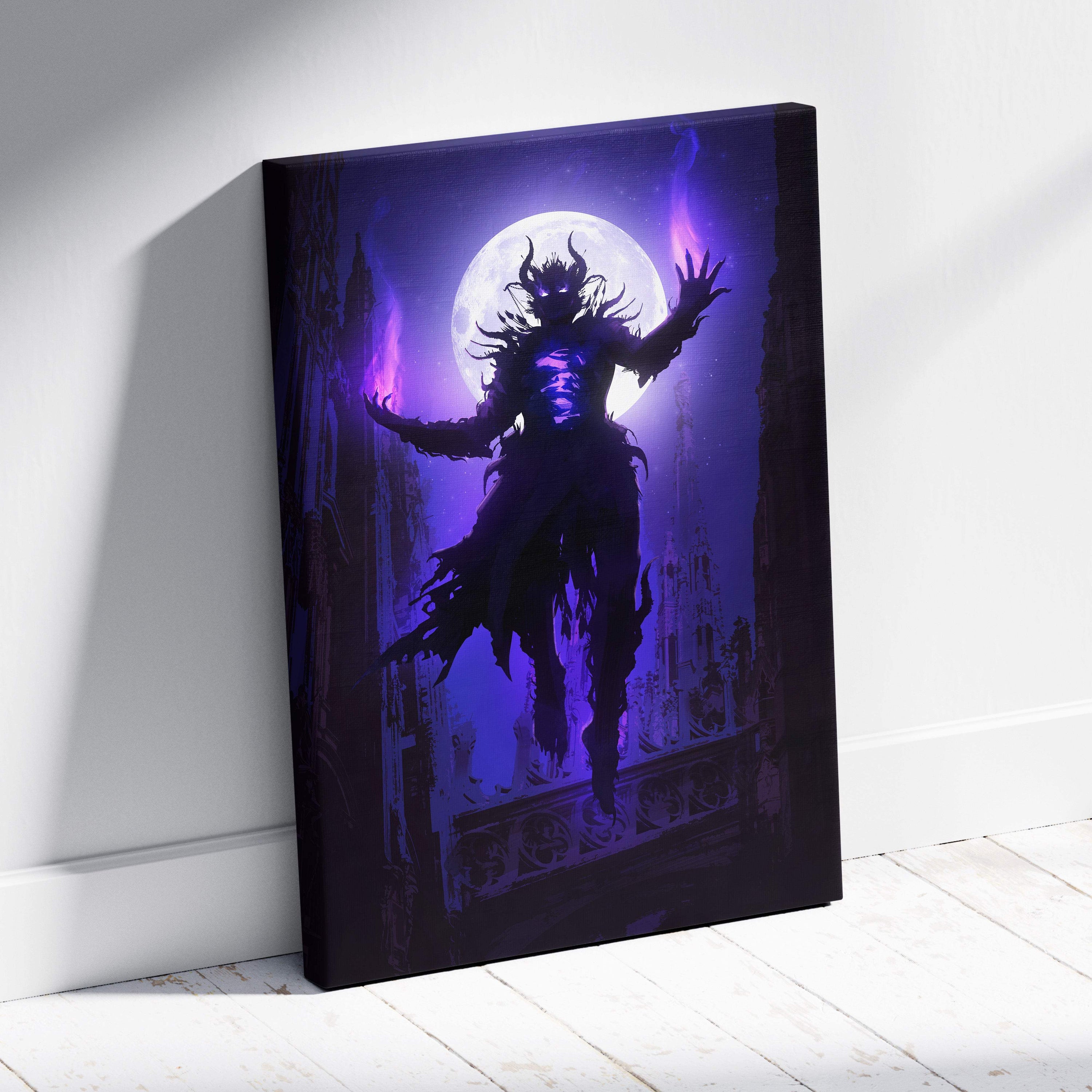 Purple neon gothic canvas wall art featuring a demonic figure and full moon in a mystical dark fantasy nightscape