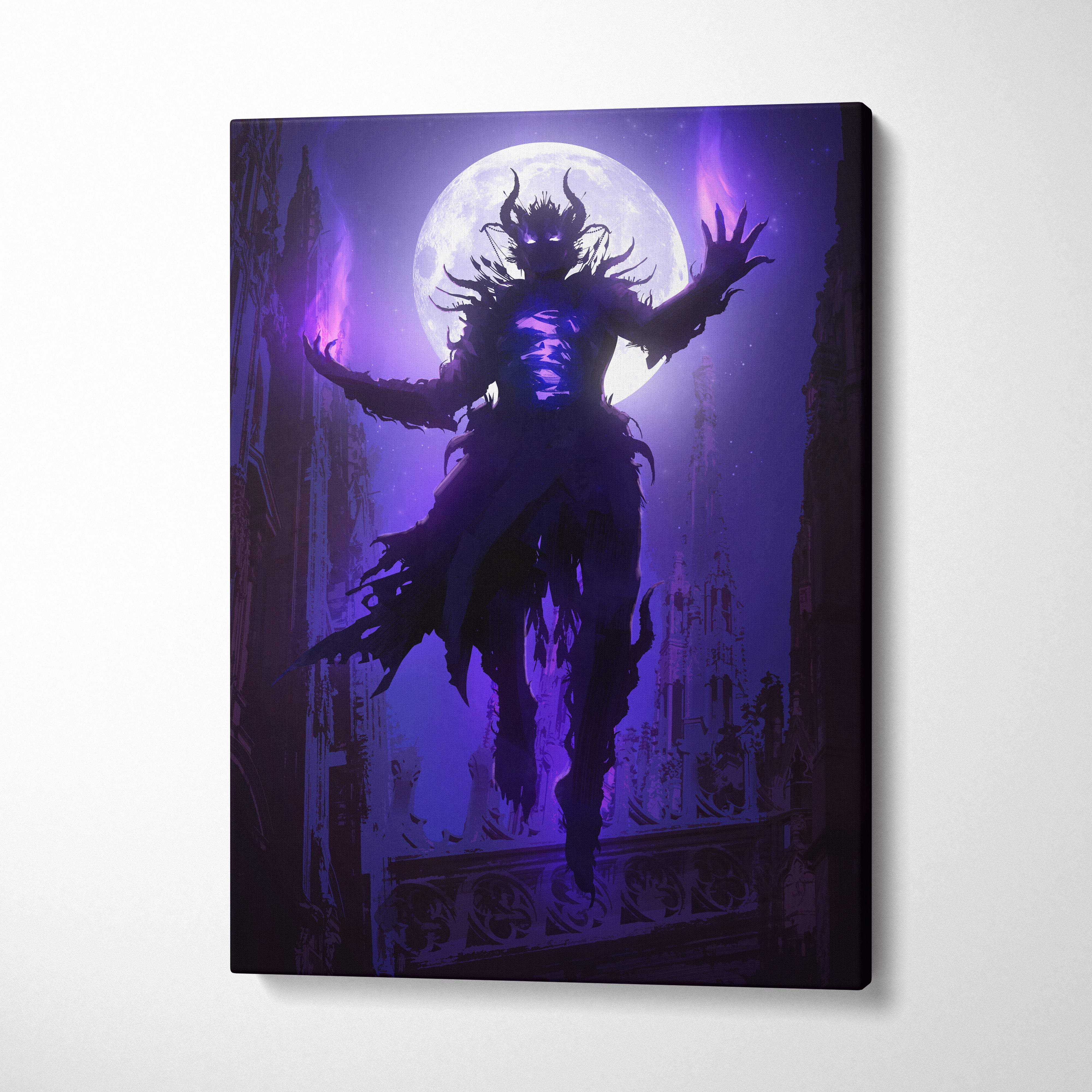Purple neon gothic canvas wall art featuring a dark horned demon silhouette against a glowing full moon nightscape