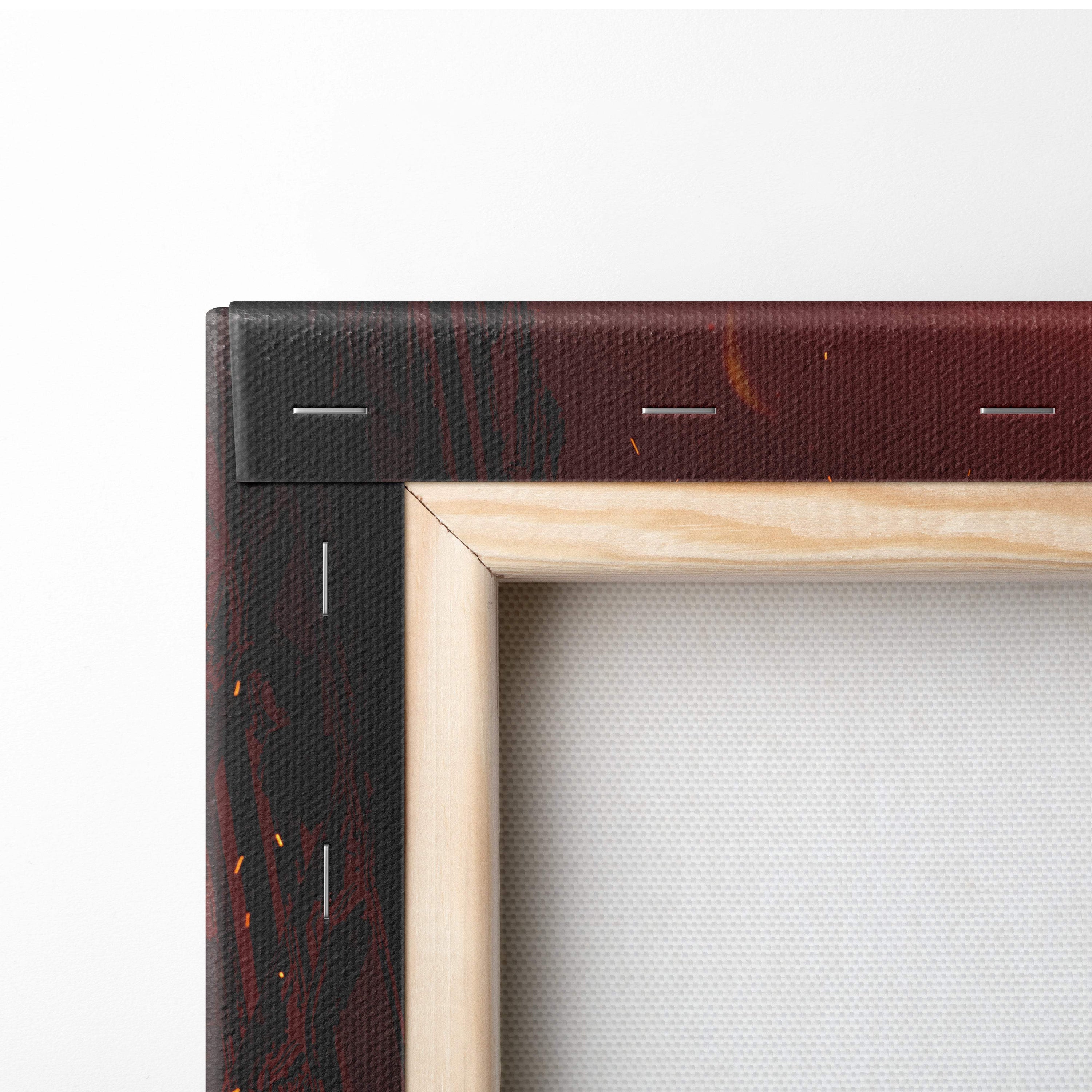 The corner of fiery demon sorcerer canvas wall art with dark textured frame and light wood trim in red inferno colors