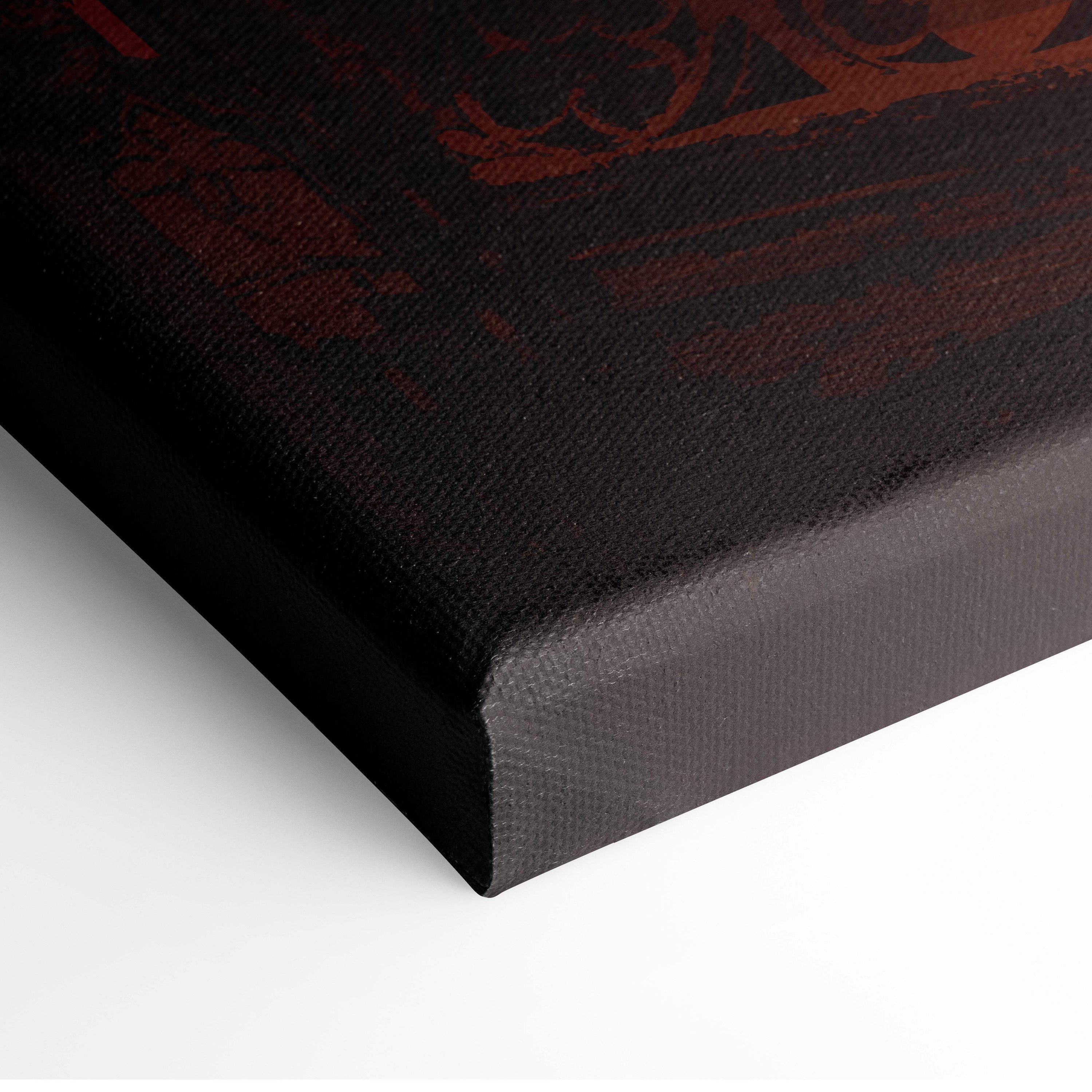 Black canvas print with textured surface featuring dark red fiery demon sorcerer abstract design for gothic fantasy decor