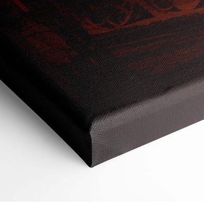 Black canvas print with textured surface featuring dark red fiery demon sorcerer abstract design for gothic fantasy decor