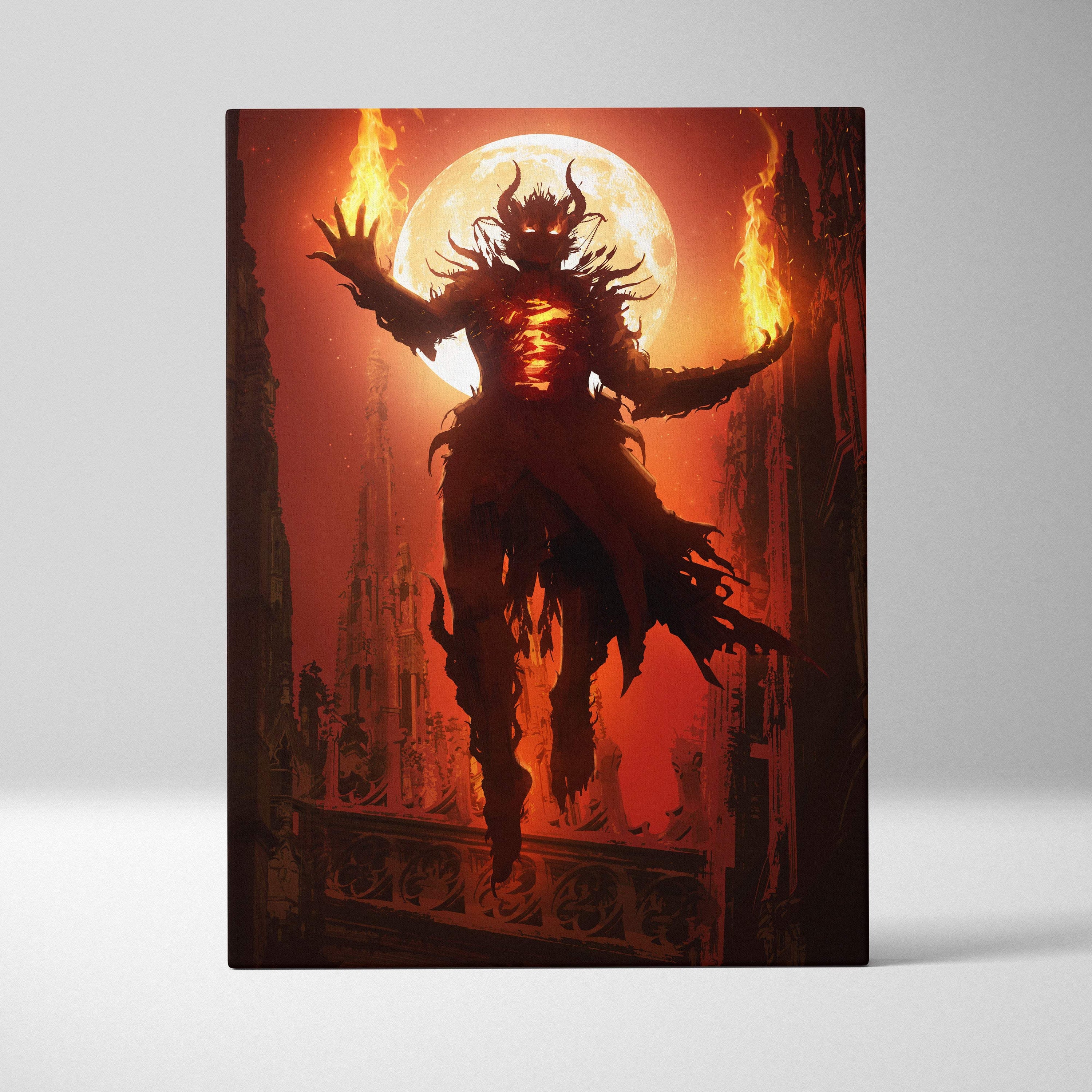 Fiery demon sorcerer rectangular canvas print with red inferno flames and full moon backdrop for gothic fantasy decor