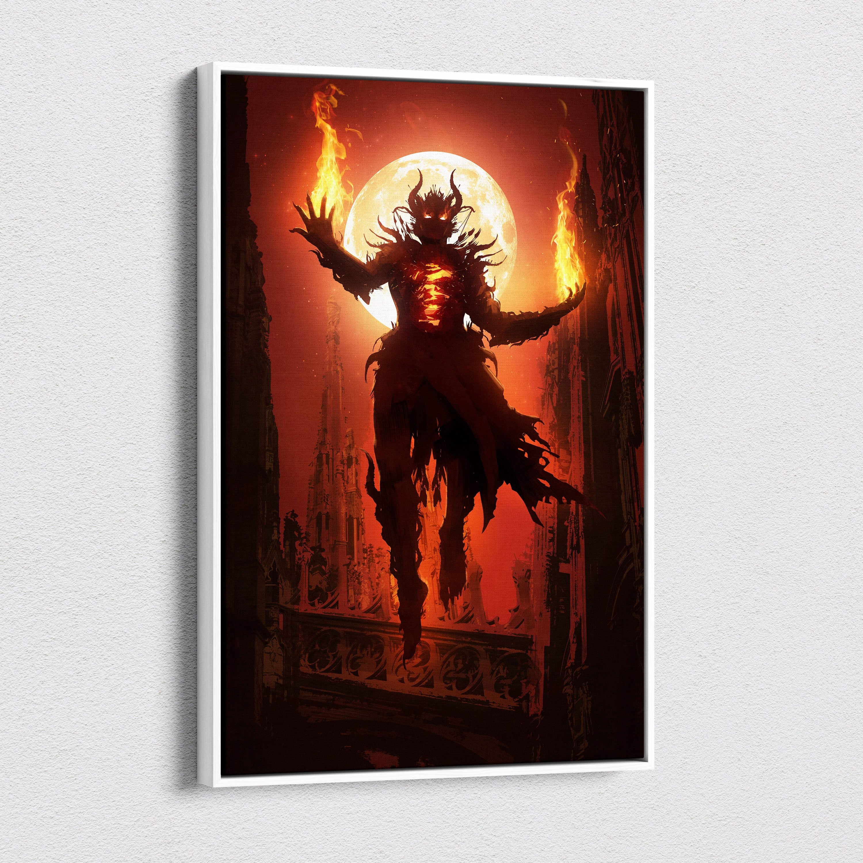 Fiery demon sorcerer canvas wall art featuring a red inferno gothic fantasy with burning flames and full moon backdrop