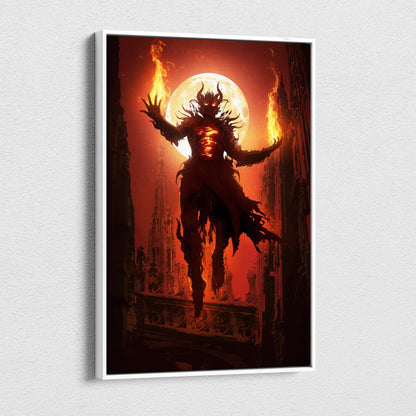 Fiery demon sorcerer canvas wall art featuring a red inferno gothic fantasy with burning flames and full moon backdrop