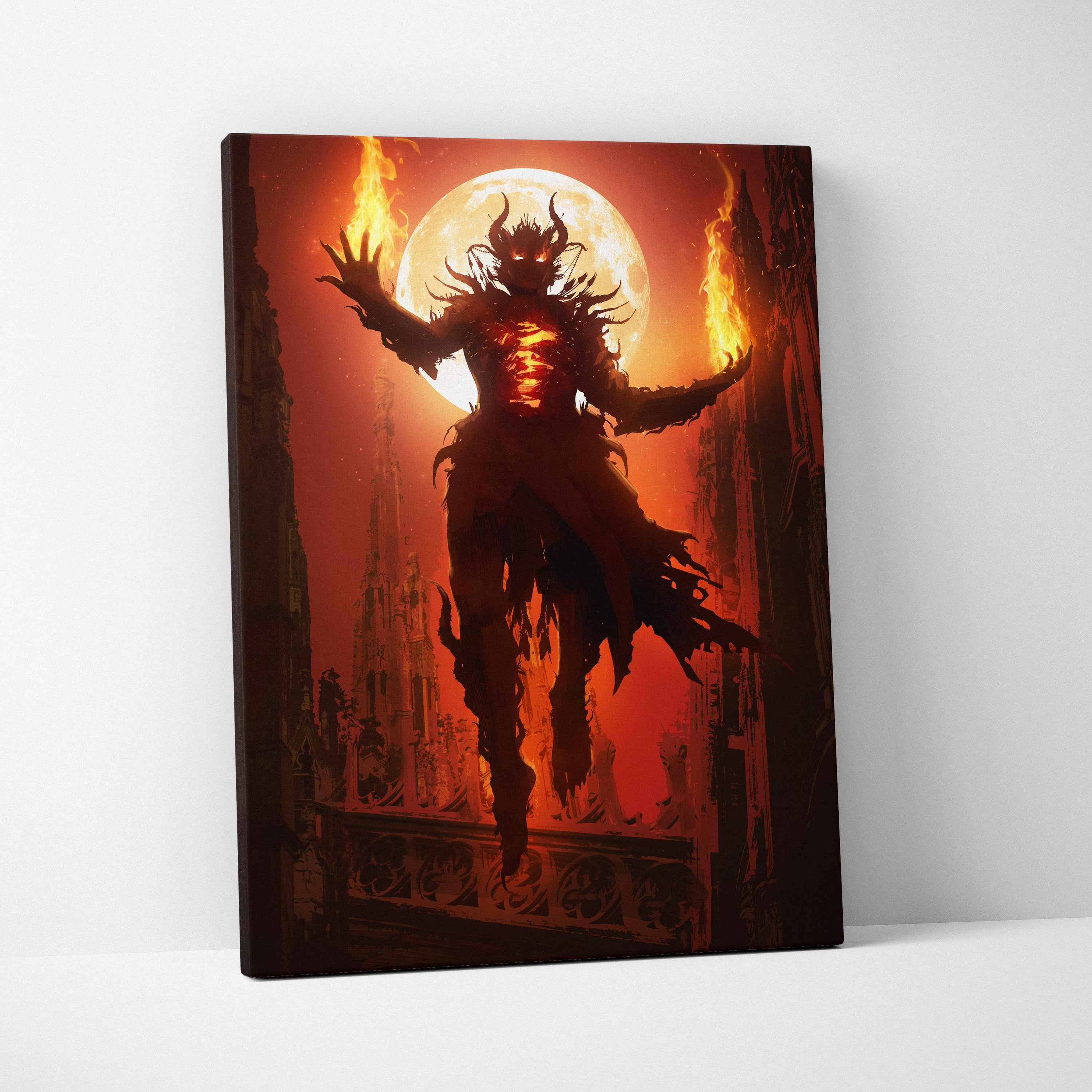 Fiery demon sorcerer canvas wall art with glowing orange eyes dark horns burning flames and red full moon backdrop