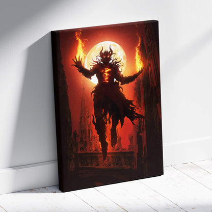 Fiery demon sorcerer canvas wall art features a horned figure with outstretched arms on a fiery red full moon backdrop
