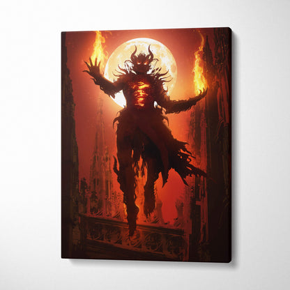 Fiery demon sorcerer canvas wall art features a dark red figure with glowing eyes and burning flames under a full moon