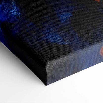 Shadow knight canvas art featuring black textured canvas with deep blue abstract paint strokes for dark fantasy decor