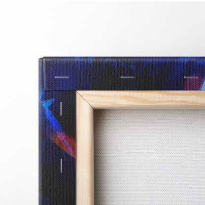 A wooden-framed canvas painting featuring a dark blue and purple abstract design for dark fantasy wall decor