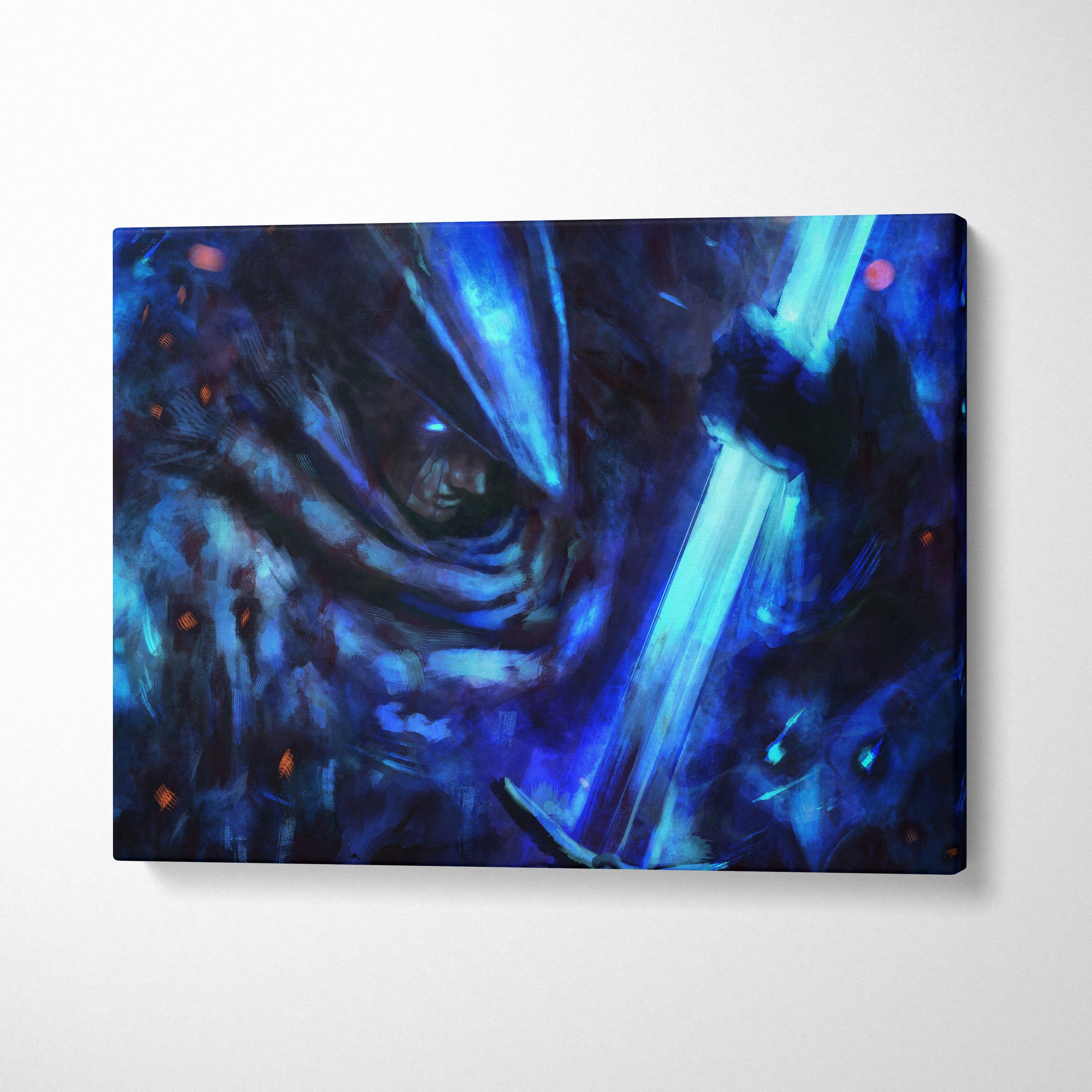 Blue-toned shadow knight canvas art featuring a glowing blue sword with moody abstract lighting wall decor