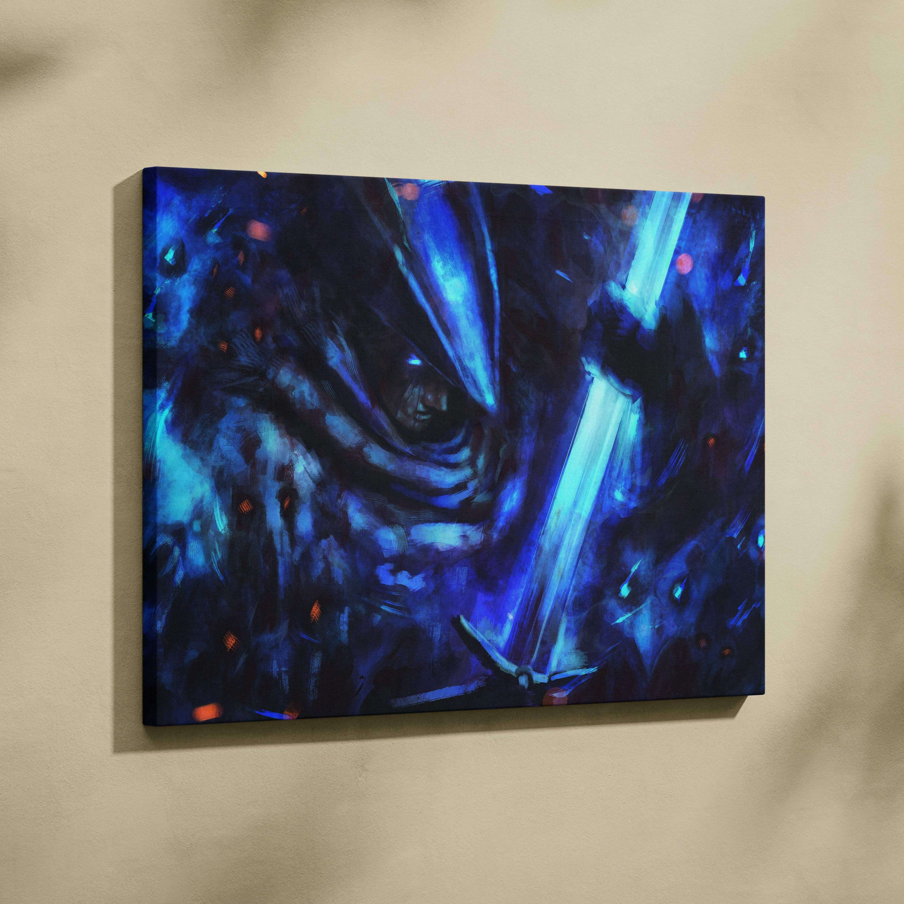 Blue abstract canvas painting of a dark fantasy warrior with glowing blue sword and swirling moody forms wall decor