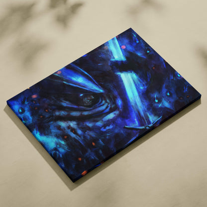 Shadow Knight canvas art featuring vivid blue and black fantasy eye with glowing red accents on rectangular canvas