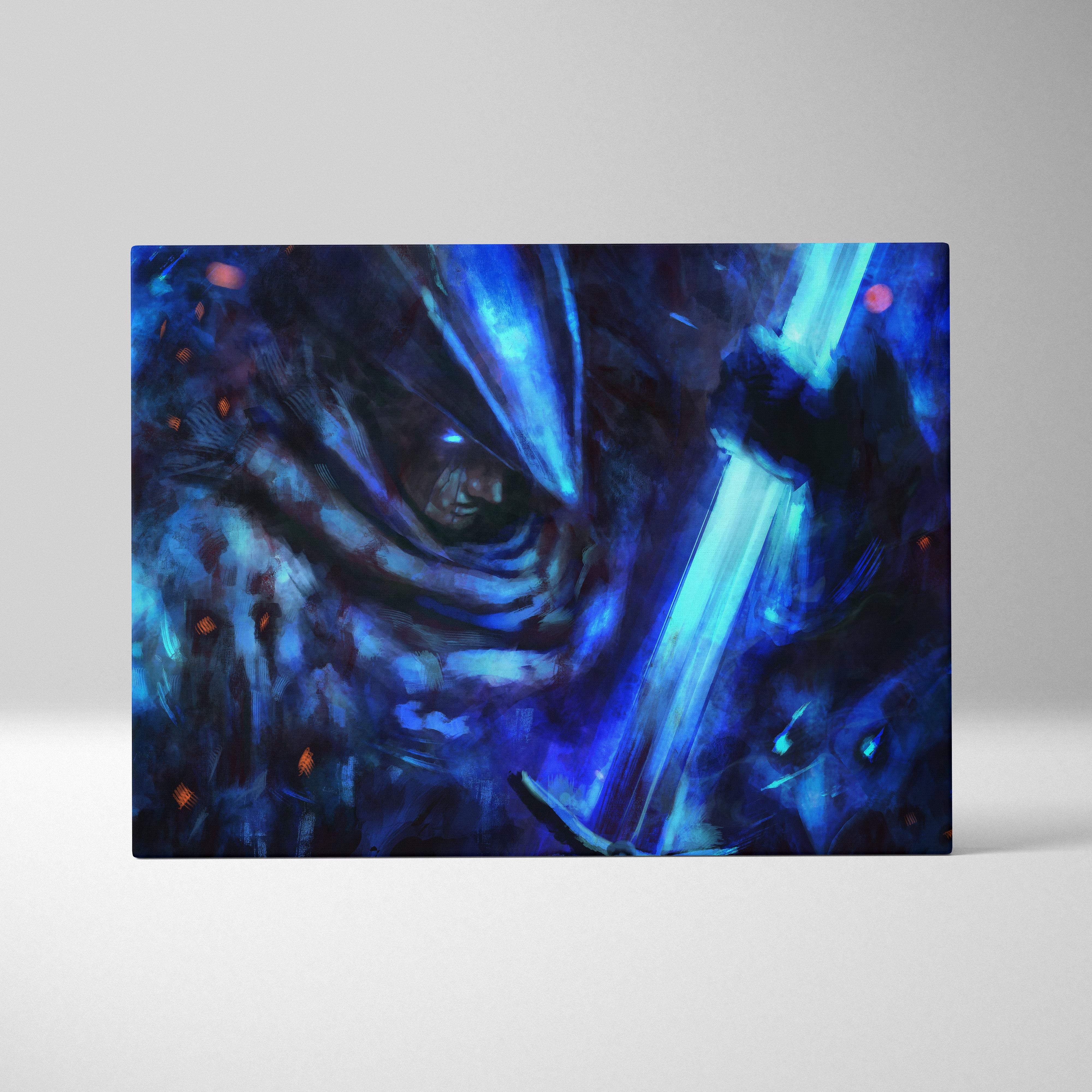 Shadow knight canvas art features a glowing blue sword amid swirling dark forms in moody abstract lighting