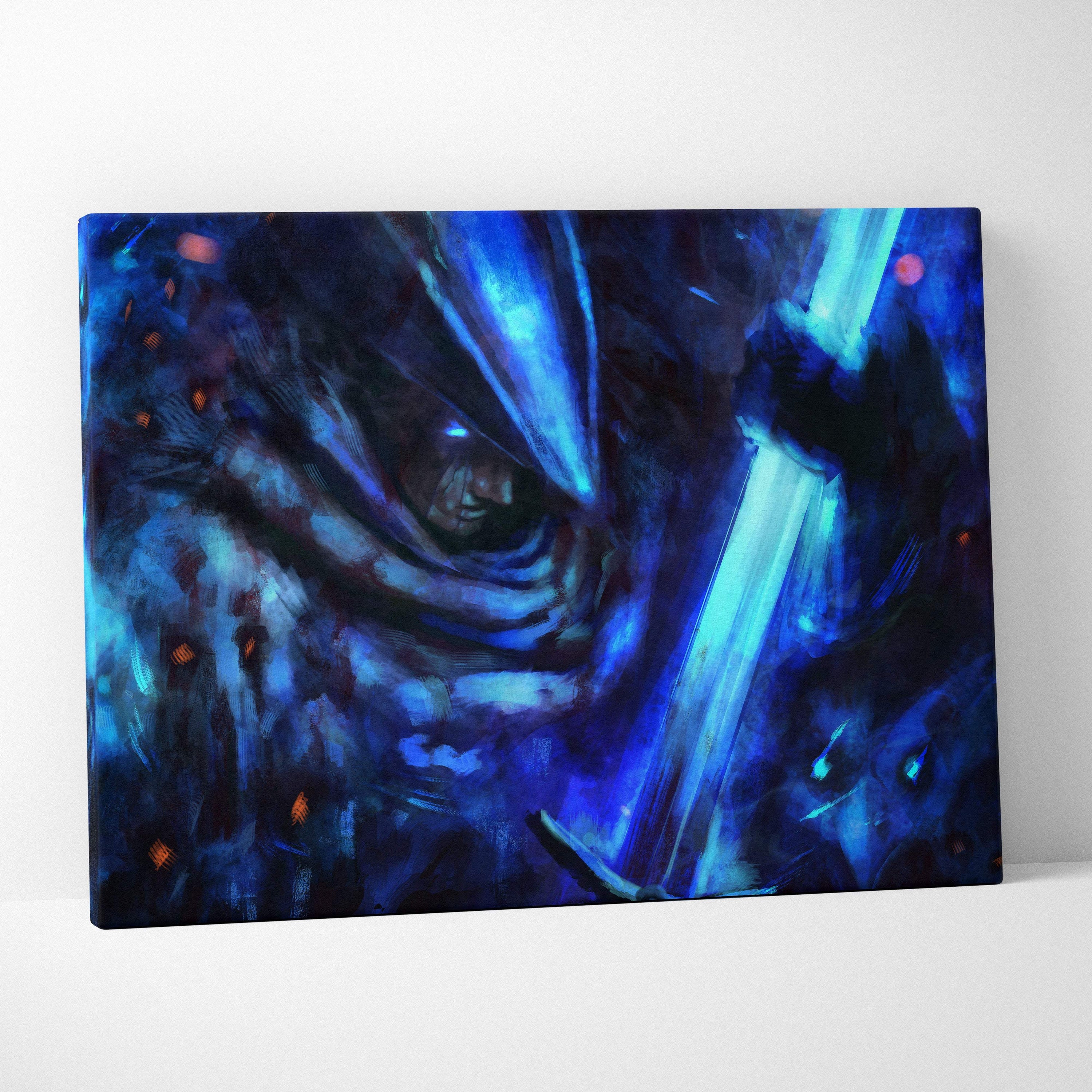 Blue and black abstract canvas art featuring a glowing sword with moody lighting for dark fantasy wall decor