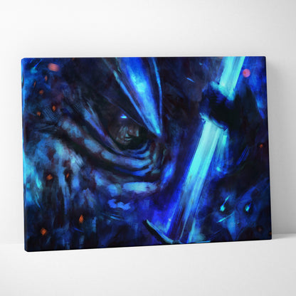 Blue and black abstract canvas art featuring a glowing sword with moody lighting for dark fantasy wall decor