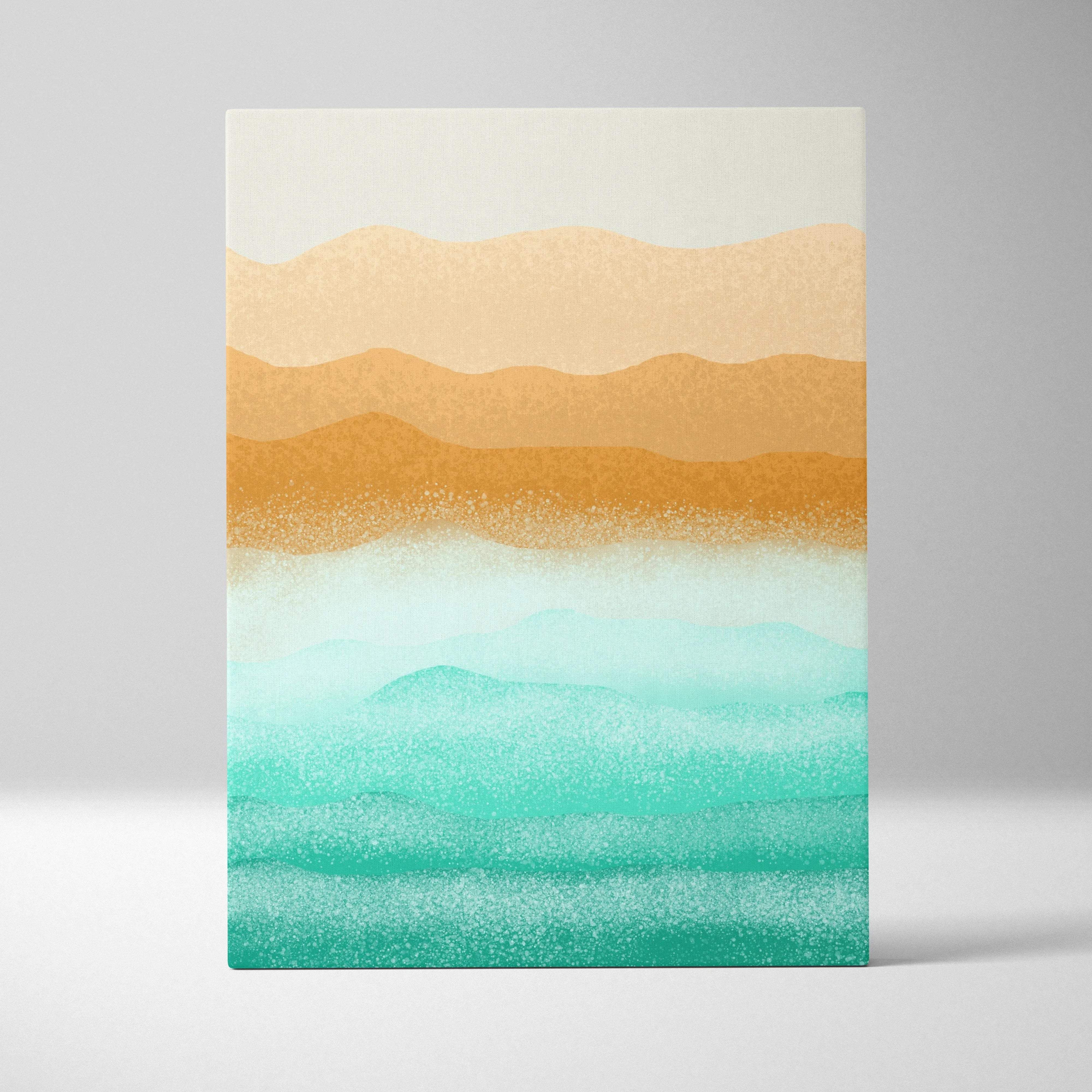 Abstract watercolor canvas of minimalist dunes, ocean waves in beige, ochre, teal