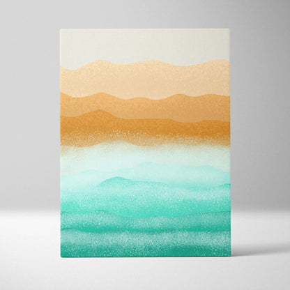 Abstract watercolor canvas of minimalist dunes, ocean waves in beige, ochre, teal