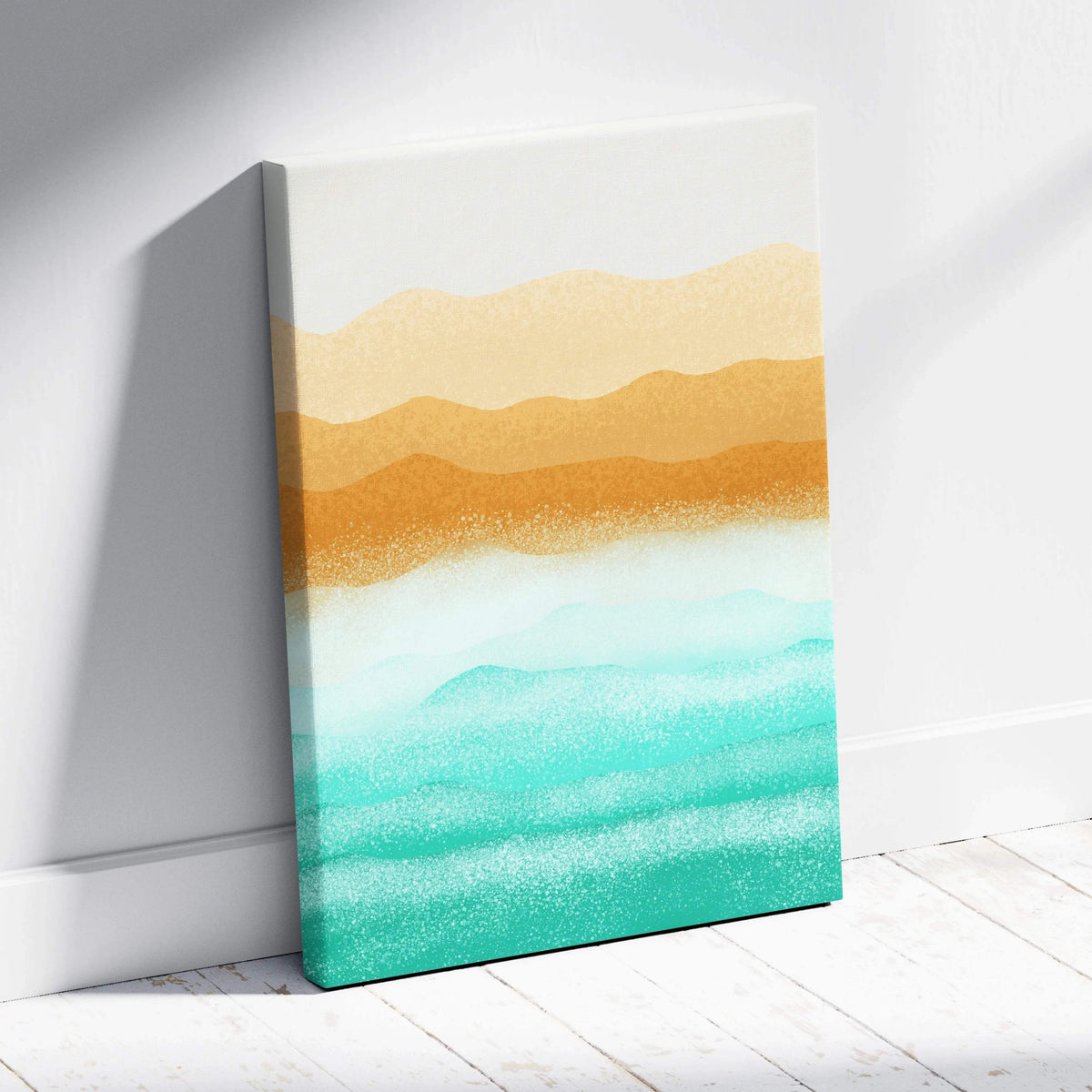 Abstract watercolor landscape canvas wall art with minimalist dunes, ocean waves in warm beige, golden ochre, and teal seafoam