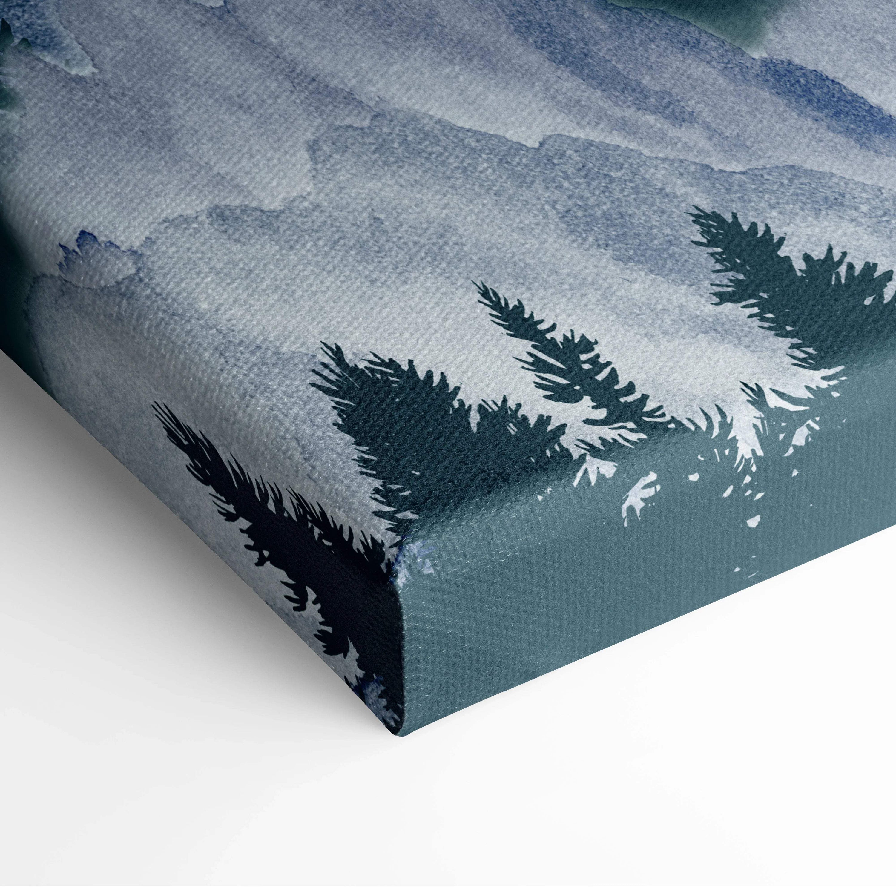 Misty watercolor mountain landscape with pine silhouettes canvas art