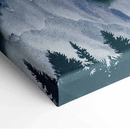 Misty watercolor mountain landscape with pine silhouettes canvas art
