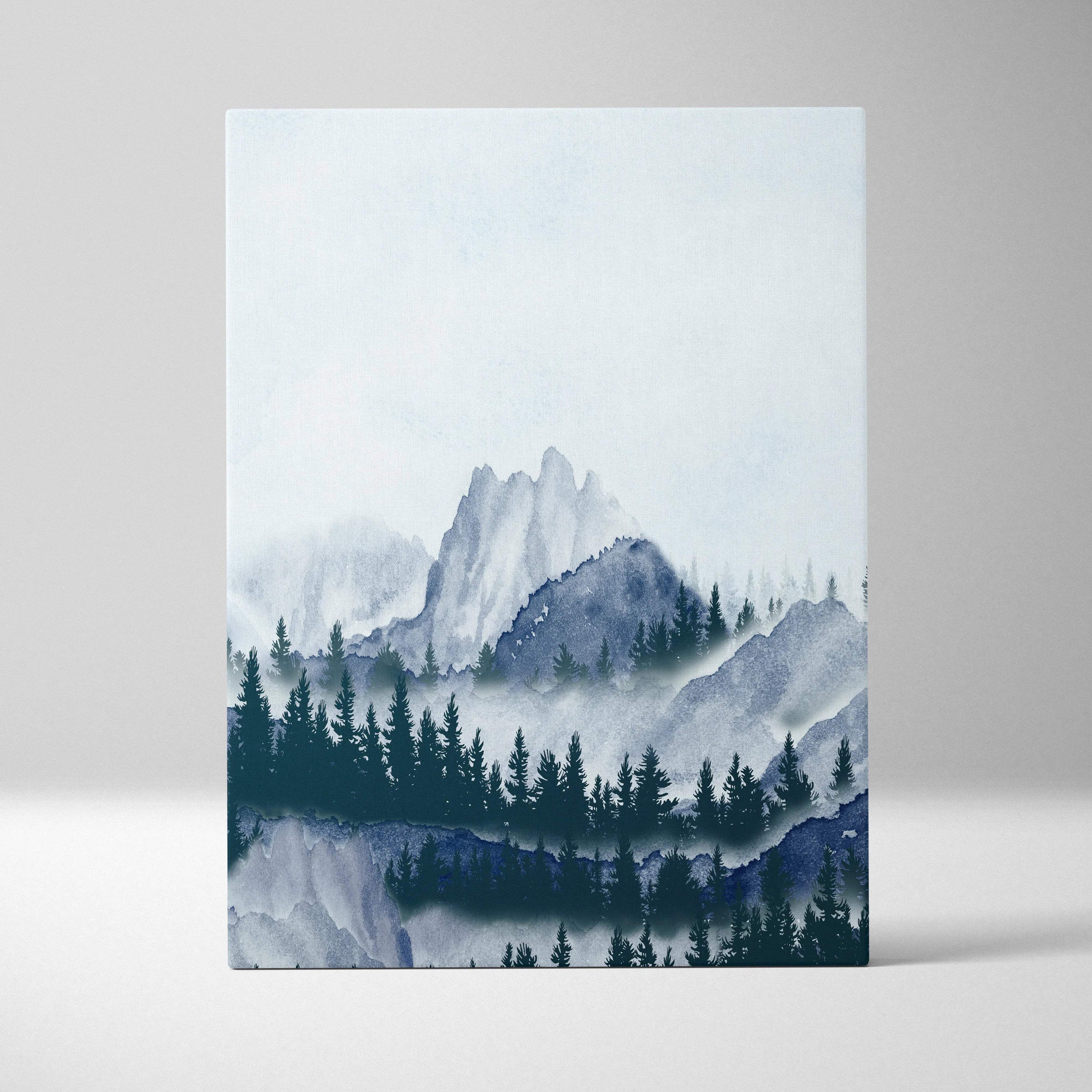 Misty watercolor mountain landscape with pine silhouettes in blue gray teal canvas art