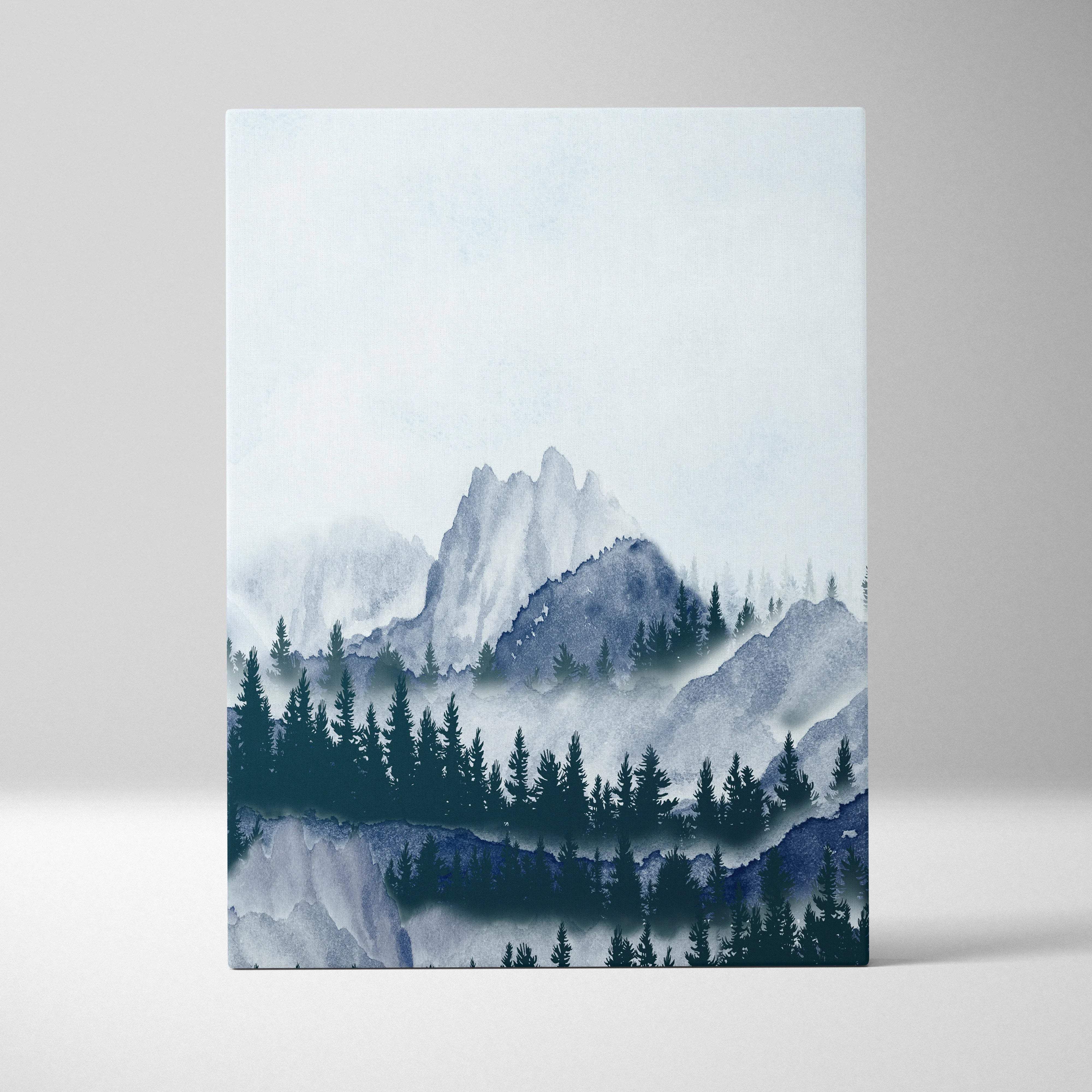 Misty watercolor mountain landscape with pine silhouettes in blue gray teal canvas art
