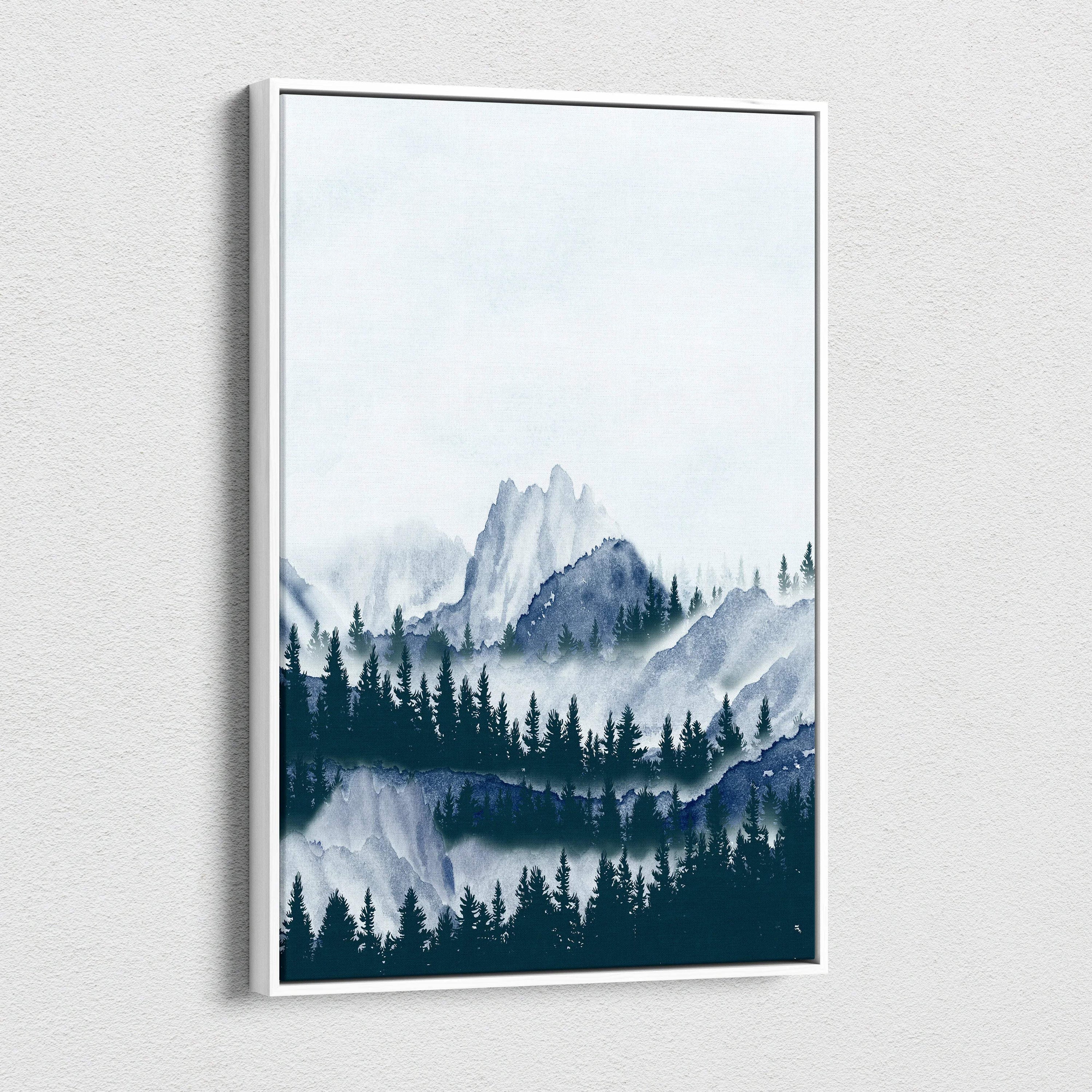 Misty watercolor mountain landscape with pine silhouettes in blue gray teal