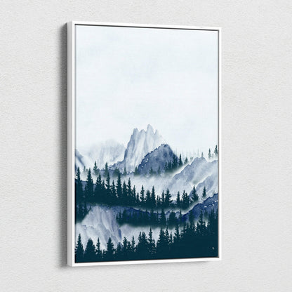 Misty watercolor mountain landscape with pine silhouettes in blue gray teal