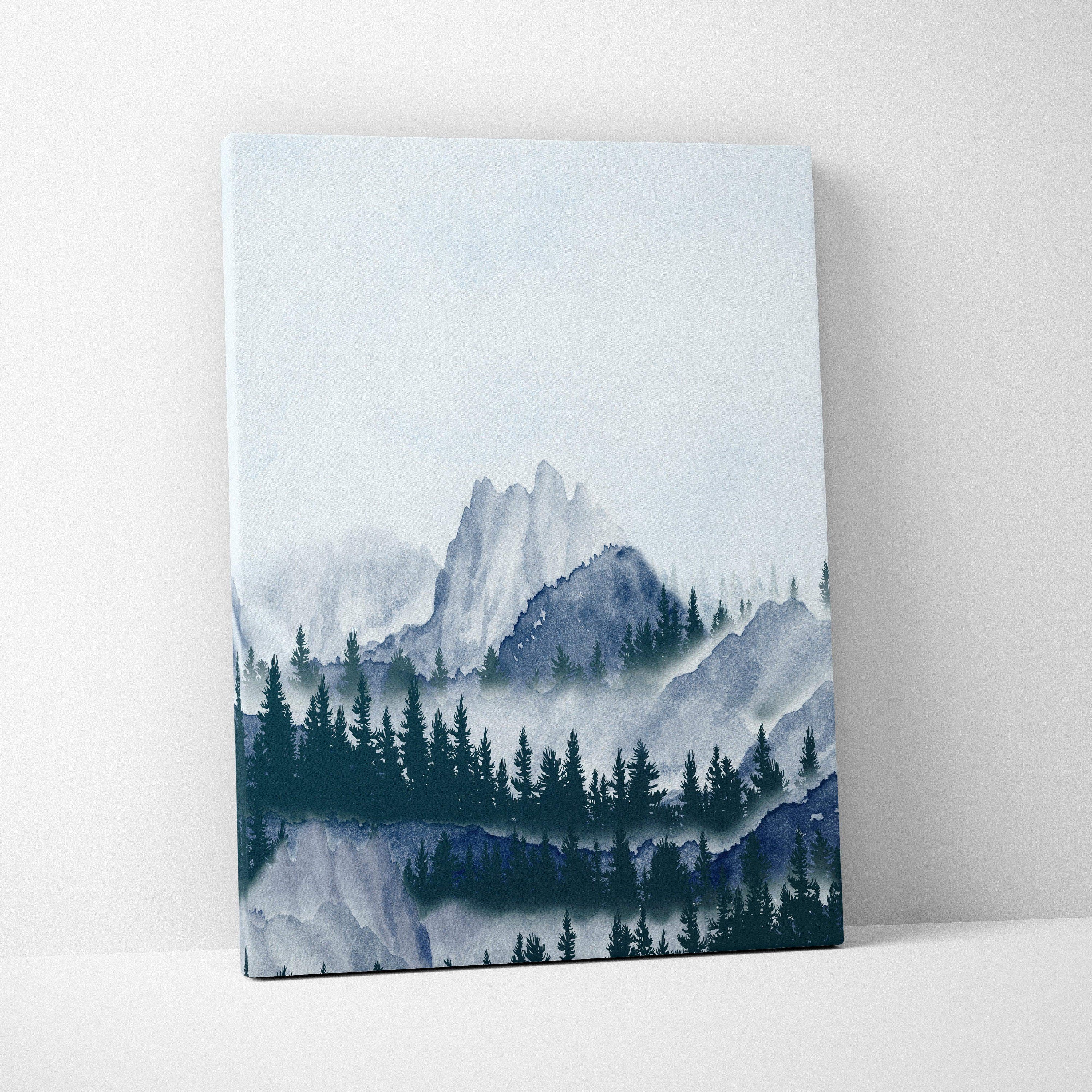 Misty watercolor mountain landscape with pine silhouettes in blue gray teal canvas art
